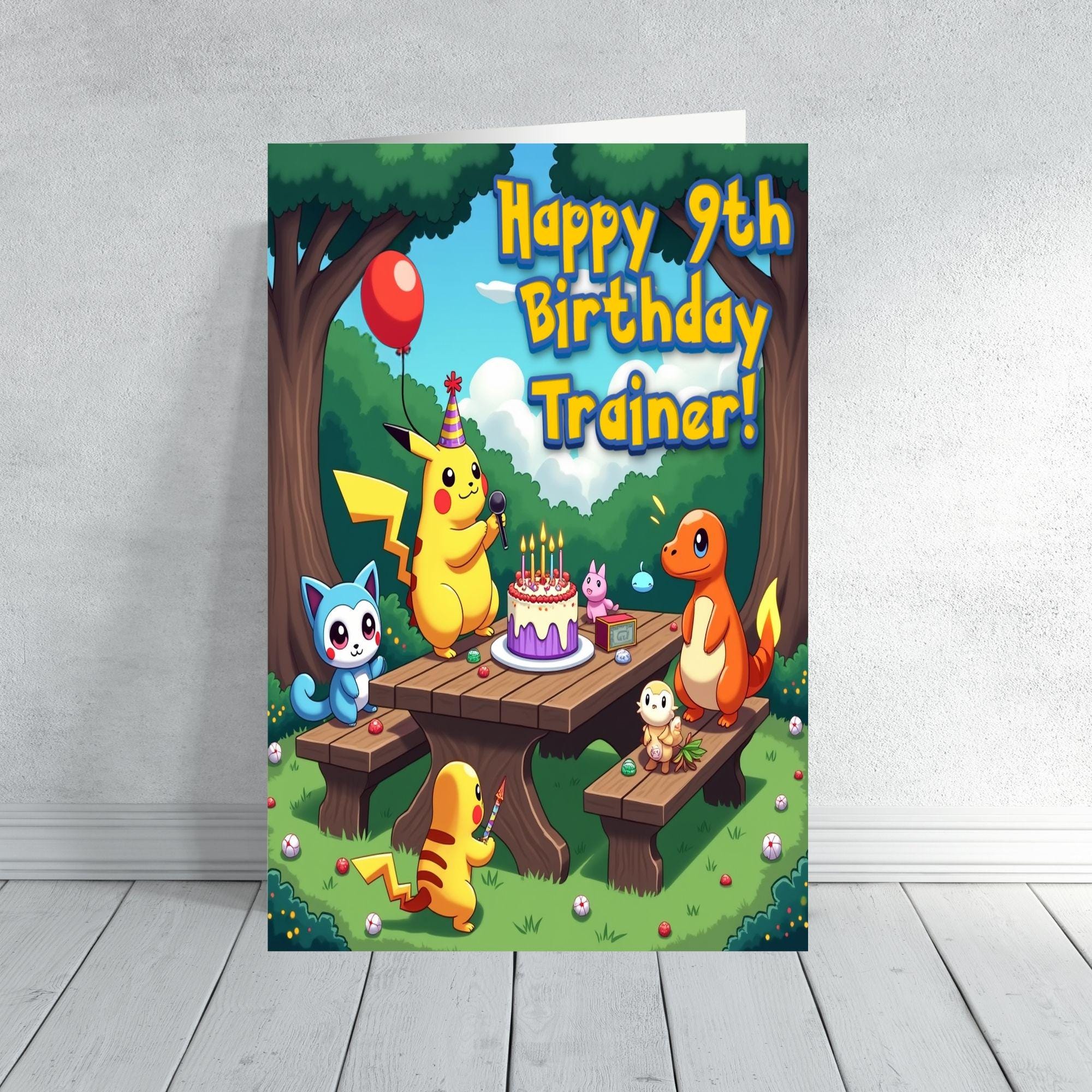 Pokemon birthday card with Pikachu, Charmander, and friends | Kids gamer party scene | 6-9