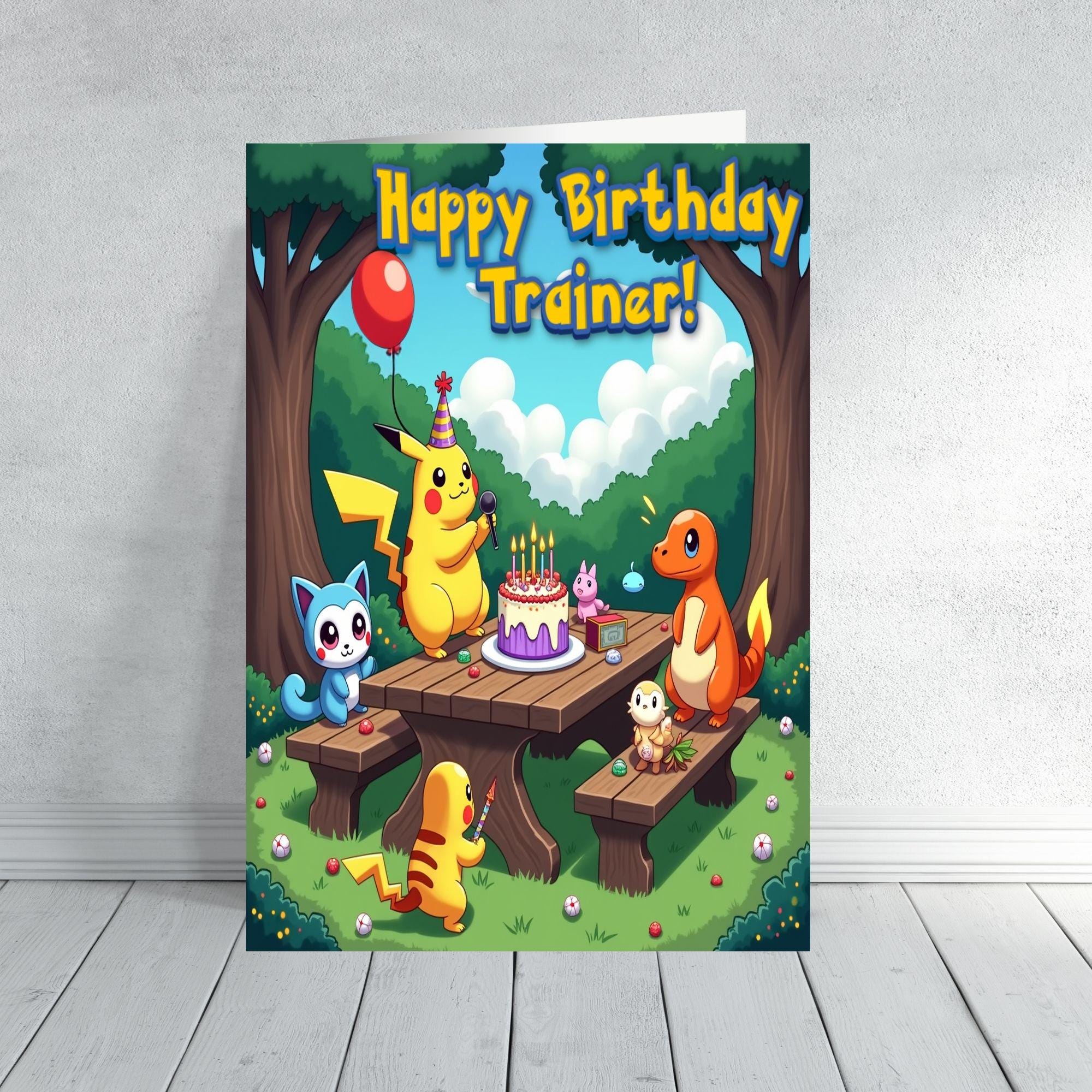 Pokemon birthday card with Pikachu, Charmander, and friends | Kids gamer party scene | 6-9
