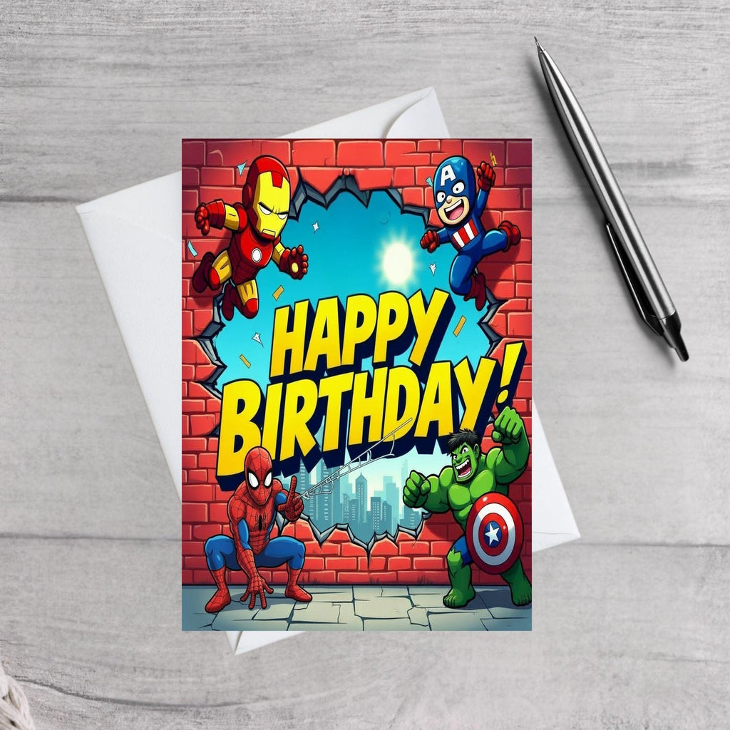 Superhero Birthday Card – Avengers Style Comic Design – Spiderman, Iron Man, Hulk & Captain America Kids Birthday Card
