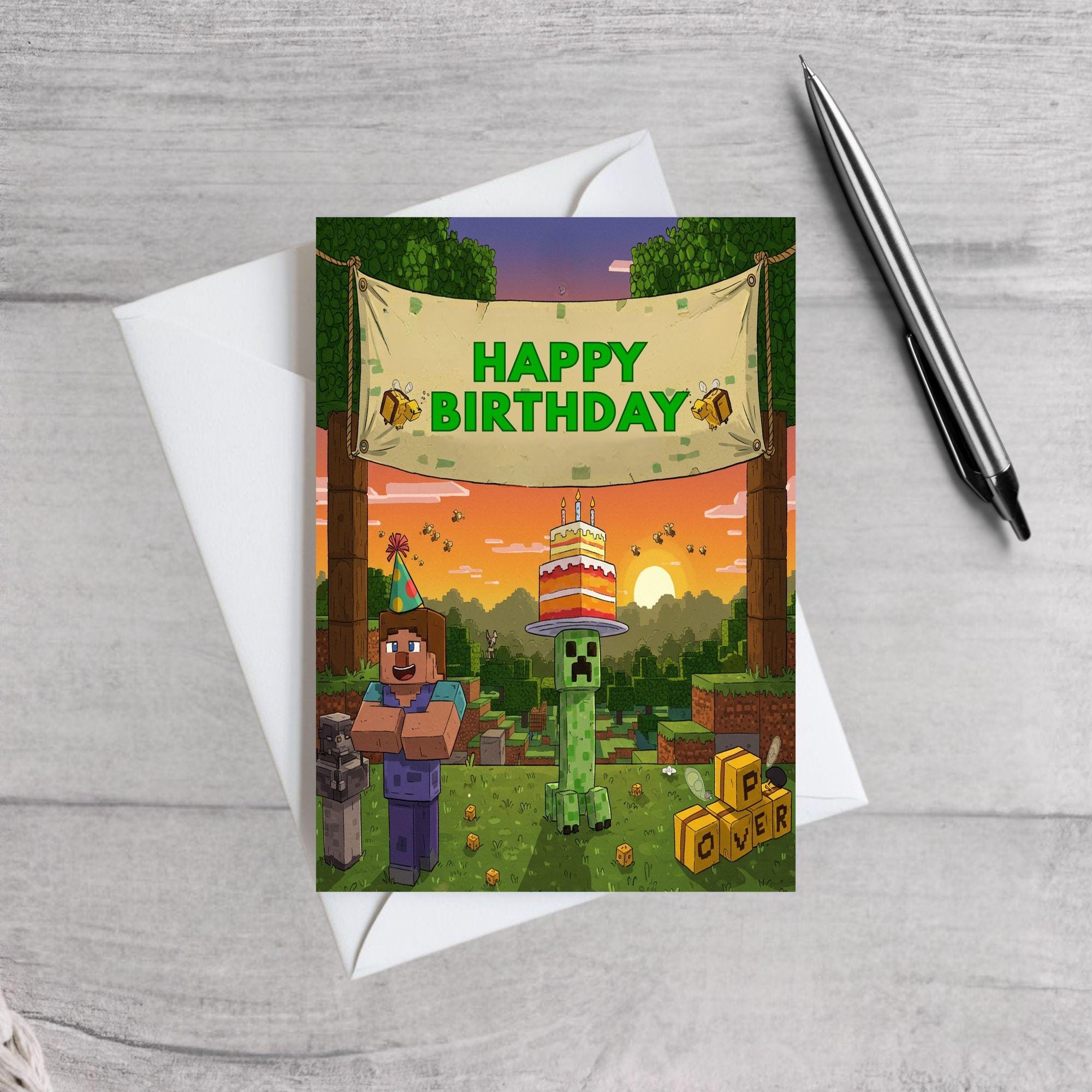 Minecraft Inspired Birthday Card | Personalised Gamer Card | Creeper & Builder Style Design | Custom Name Kids Gaming Card