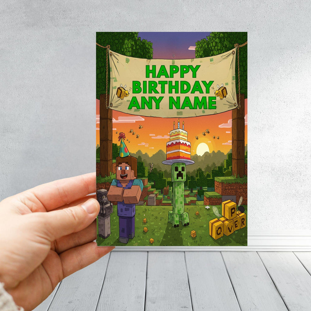 Minecraft Inspired Birthday Card | Personalised Gamer Card | Creeper & Builder Style Design | Custom Name Kids Gaming Card