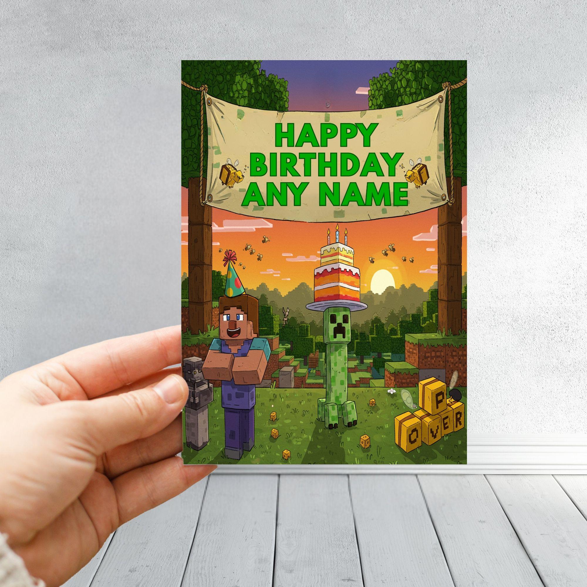 Minecraft Inspired Birthday Card | Personalised Gamer Card | Creeper & Builder Style Design | Custom Name Kids Gaming Card
