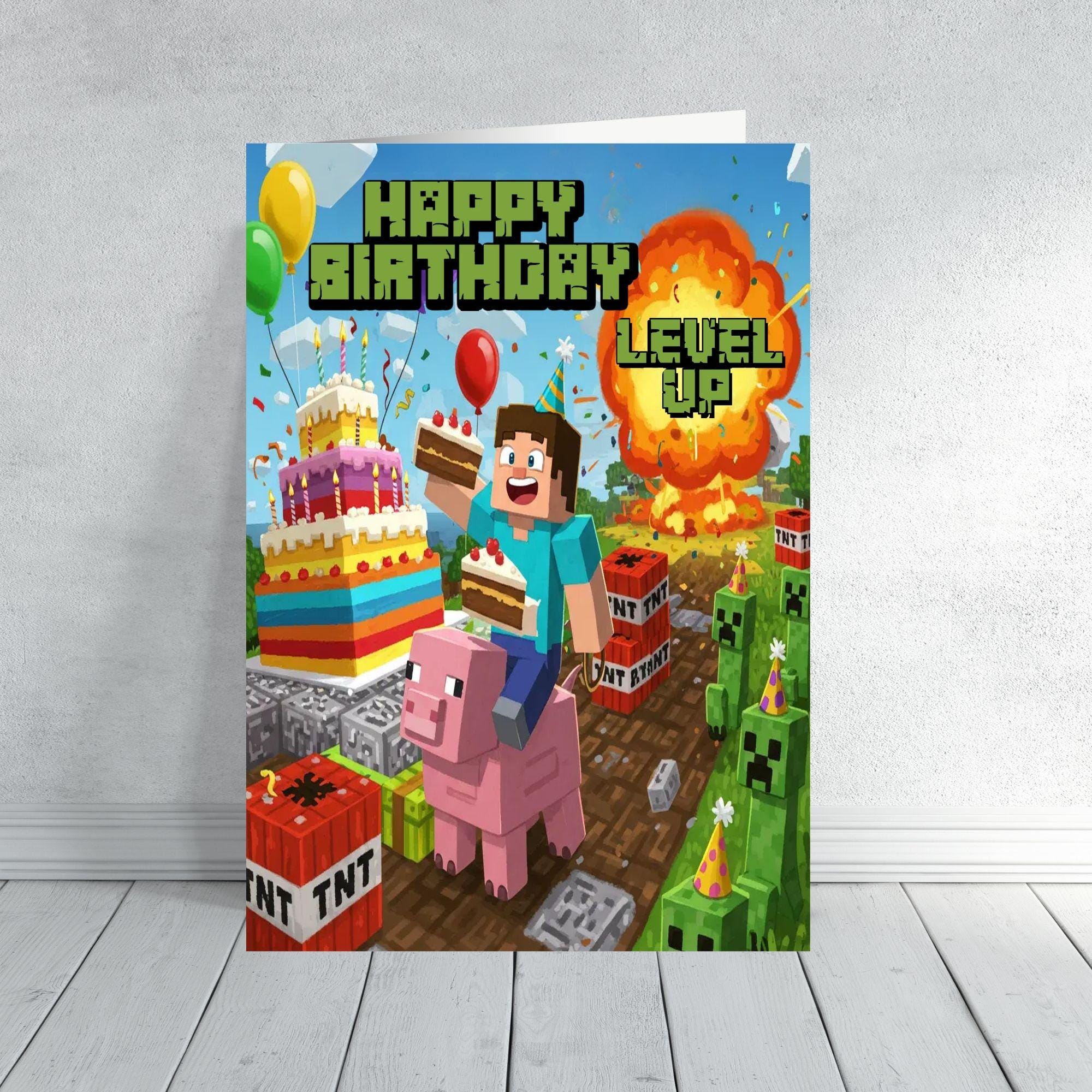 Minecraft Inspired Birthday Card | Level Up Gamer Card | Creeper & Builder Scene | Kids Gaming Card for Boys or Girls | Age 7 8 9 10