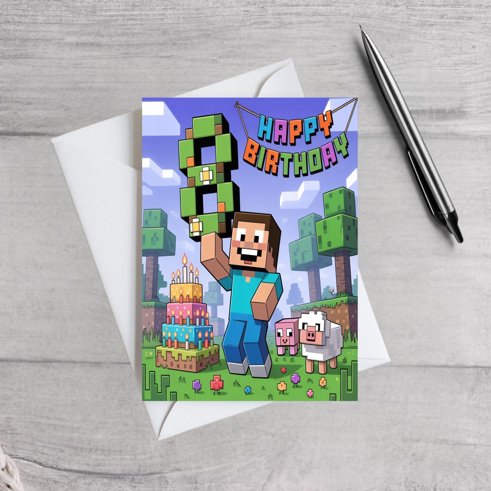 Minecraft Inspired Birthday Card | Pixel Block Gamer Card | Kids Gaming Card for Boys or Girls | Ages 6 7 8 9 10 | Pixel Style
