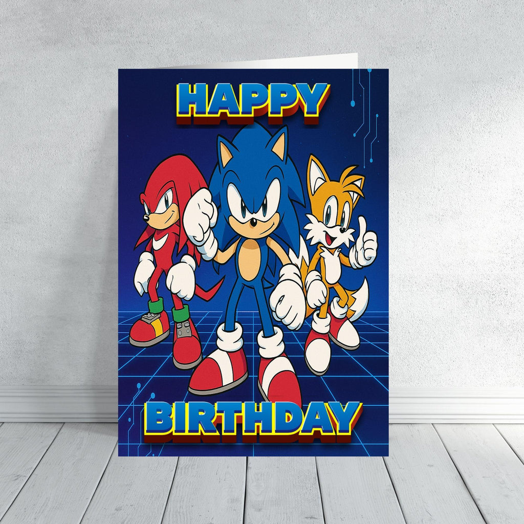 Sonic the Hedgehog Inspired Birthday Card | Retro Gamer Card | Blue Grid Design | Cool Kids Gaming Birthday Card | Video Game Style