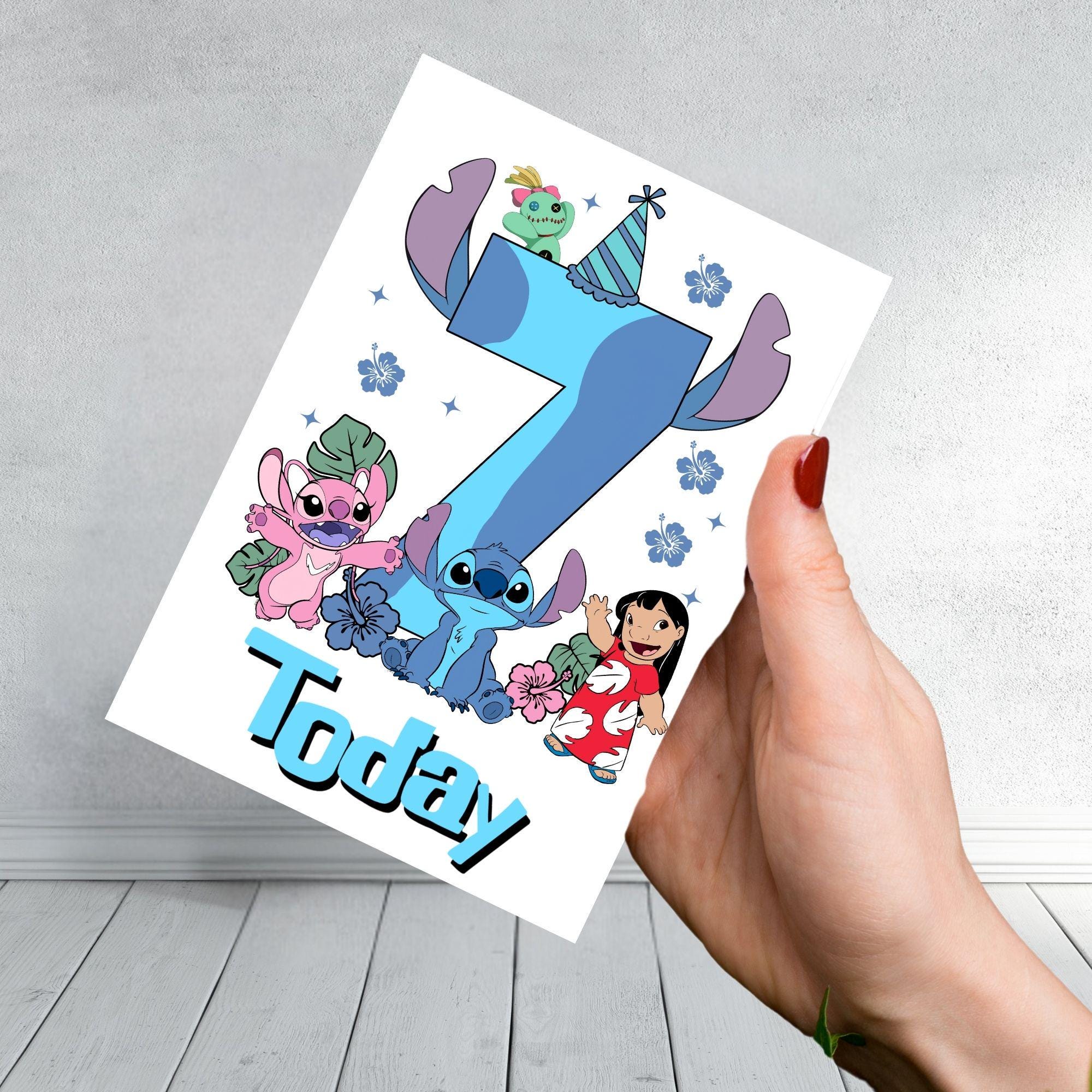 Lilo and Stitch Inspired Birthday Card | Ohana Kids Birthday Card | Blue Themed Age 4 5 6 7 8 9 Card | Cute Disney Style Card