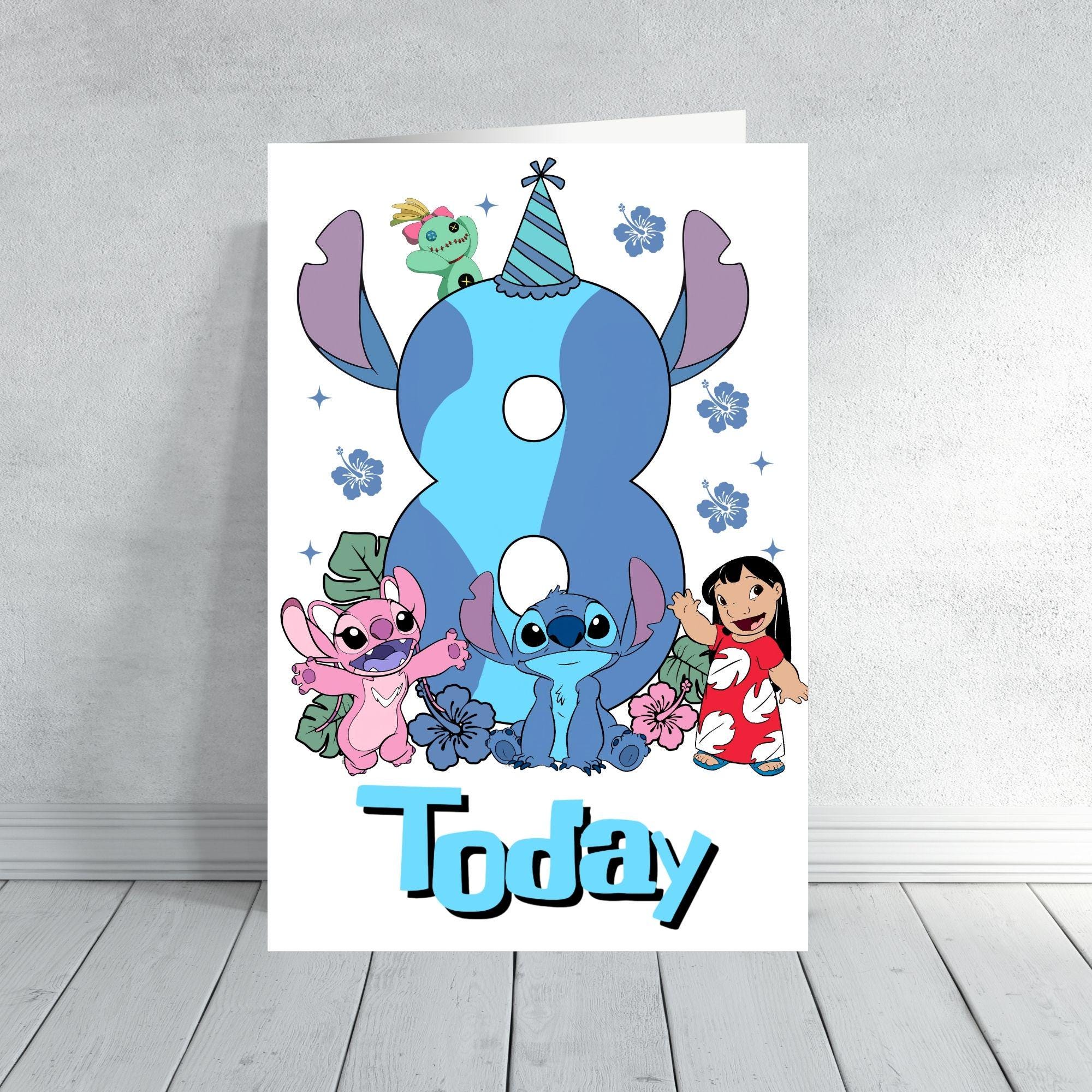 Lilo and Stitch Inspired Birthday Card | Ohana Kids Birthday Card | Blue Themed Age 4 5 6 7 8 9 Card | Cute Disney Style Card