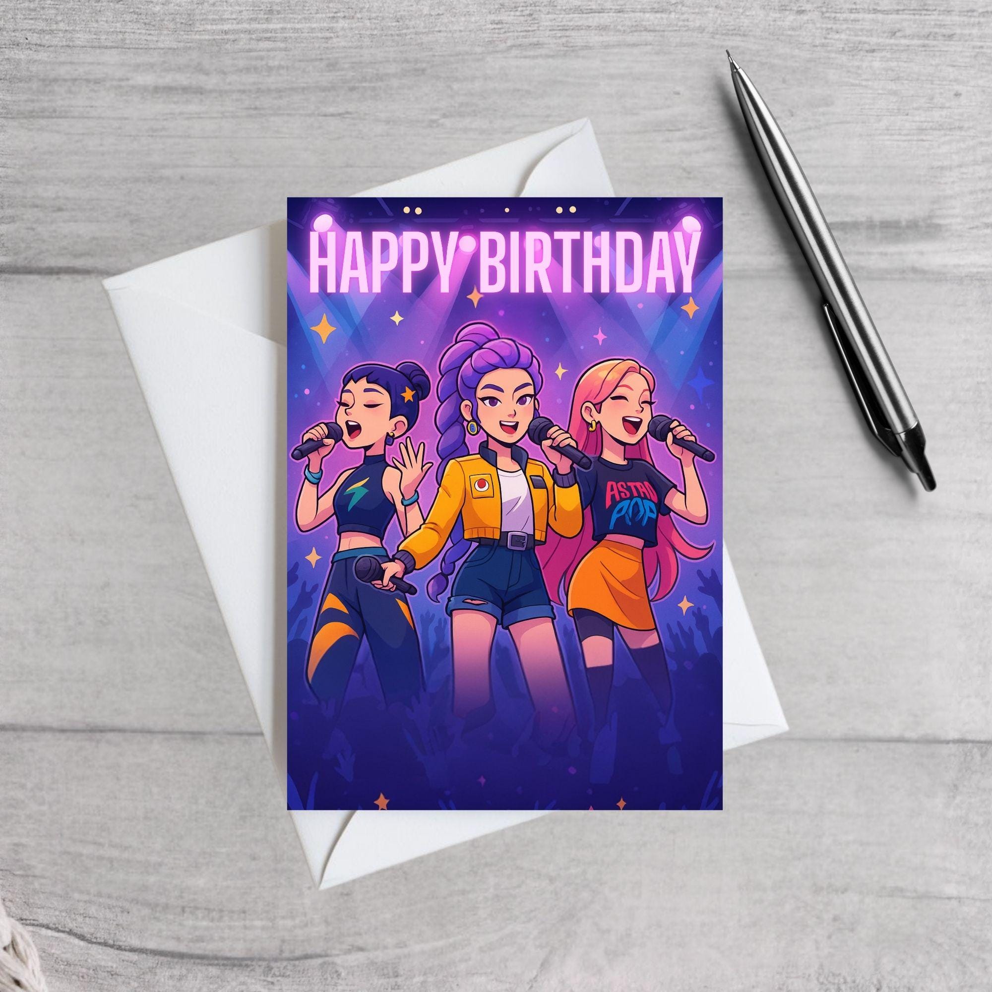 K-Pop Birthday Card | Girl Group Concert Birthday Card | Personalised Name Pop Star Card | Singing Idol Birthday Card for Girls