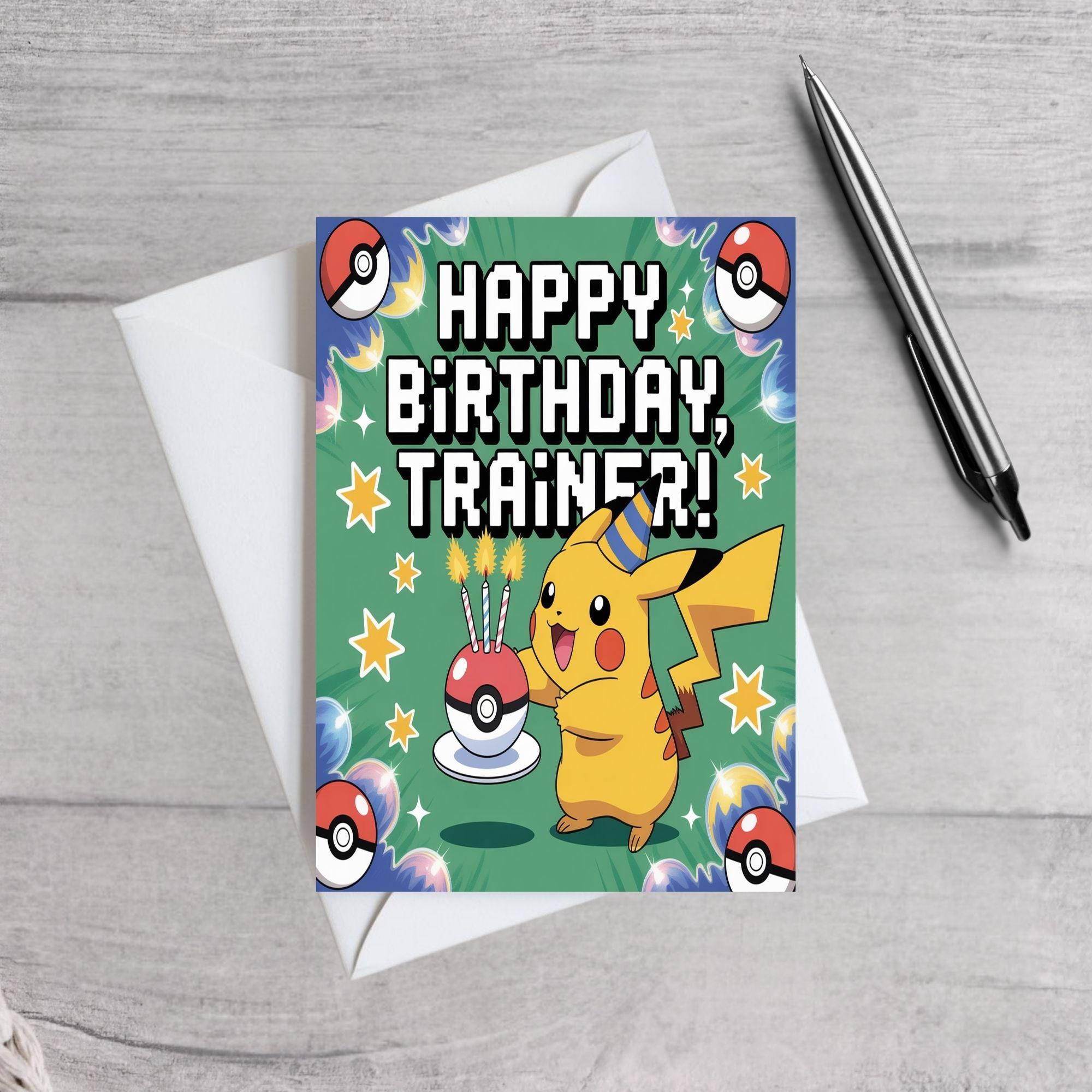 Pikachu Birthday Card | Pokémon Inspired Birthday Cards Set | Cute Kids Boys Girls Gamer Card | Choose from 3 Designs