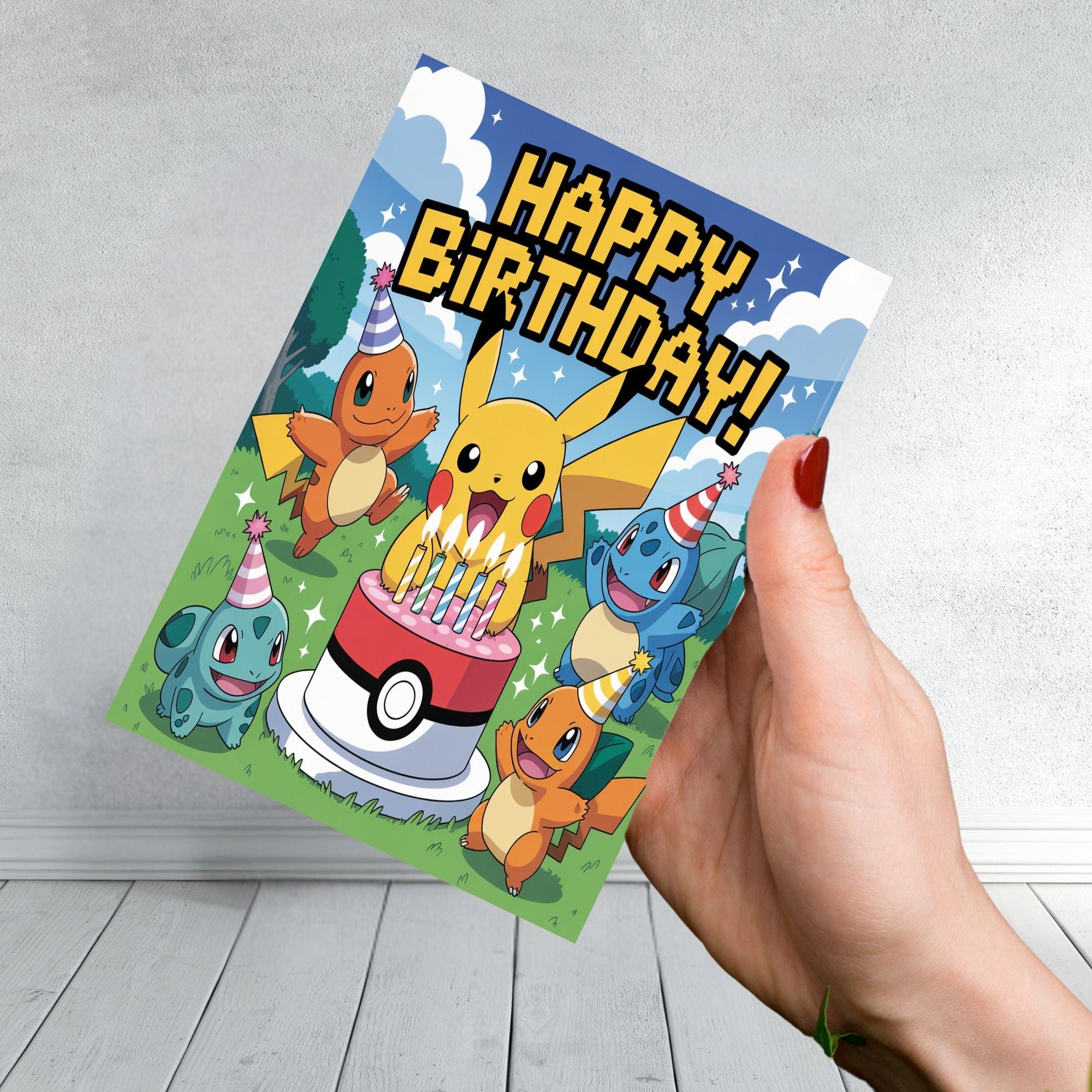 Pikachu Birthday Card | Pokémon Inspired Birthday Cards Set | Cute Kids Boys Girls Gamer Card | Choose from 3 Designs