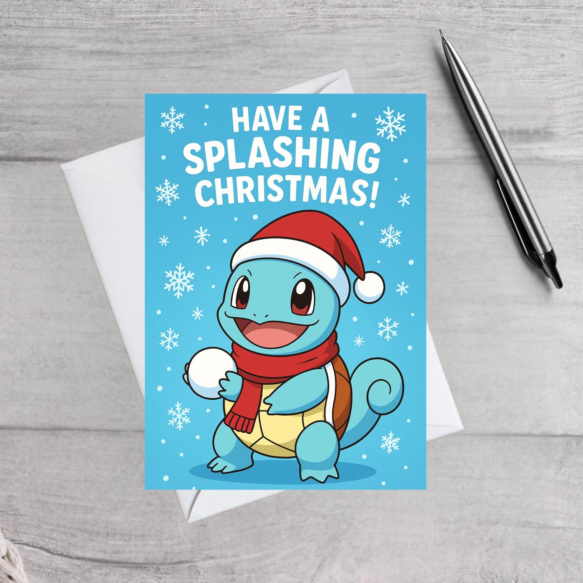 Pokemon Inspired Christmas Card Set | Cute Cartoon Xmas Cards | Pikachu Eevee Bulbasaur Charmander Squirtle | Festive Holiday Cards