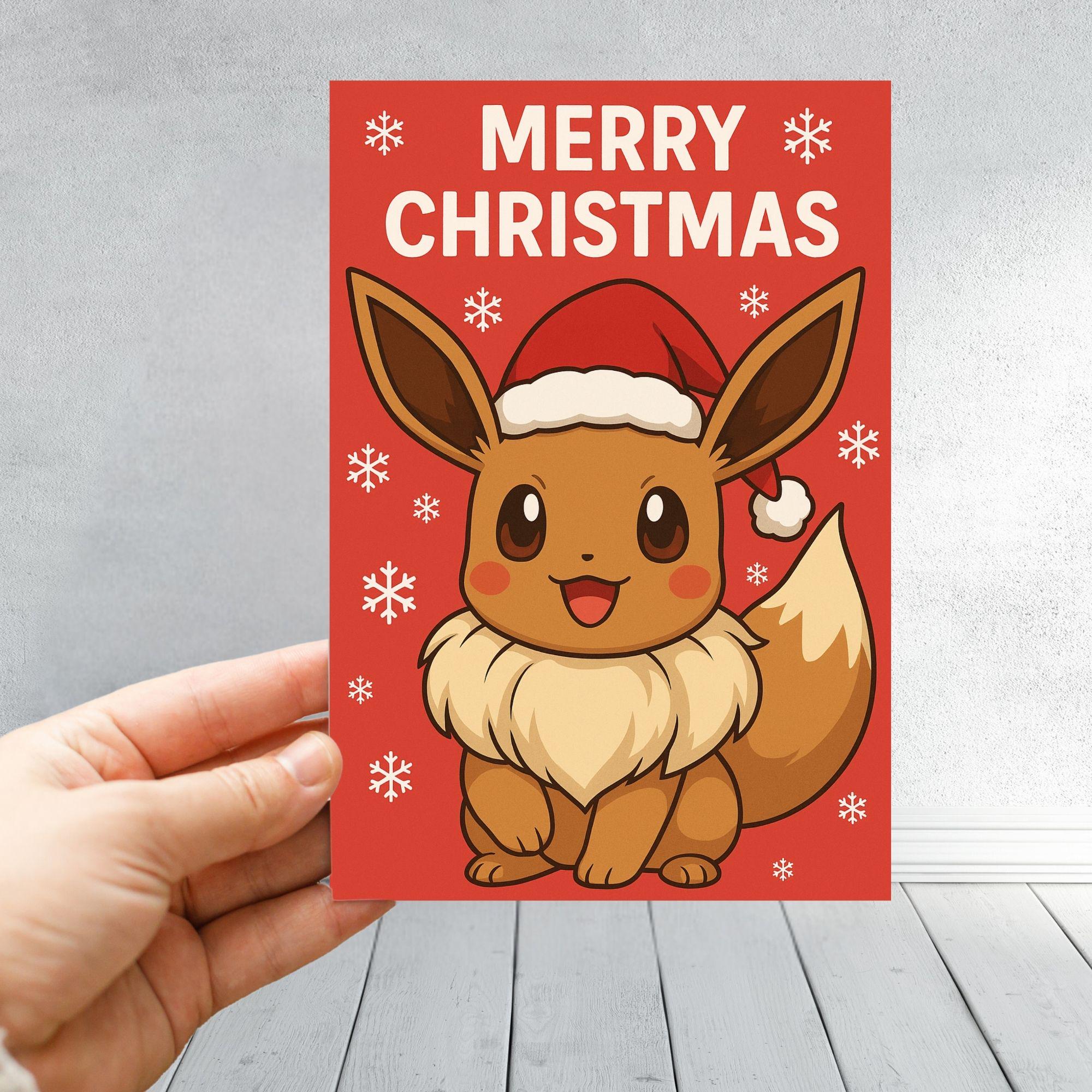Pokemon Inspired Christmas Card Set | Cute Cartoon Xmas Cards | Pikachu Eevee Bulbasaur Charmander Squirtle | Festive Holiday Cards