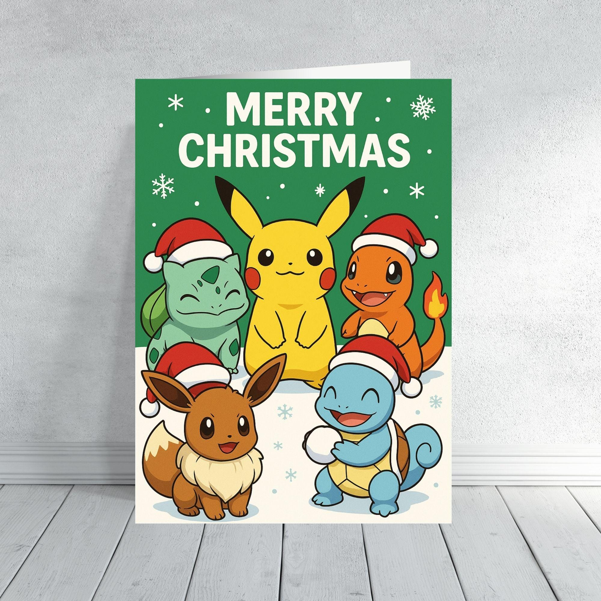 Pokemon Inspired Christmas Card Set | Cute Cartoon Xmas Cards | Pikachu Eevee Bulbasaur Charmander Squirtle | Festive Holiday Cards