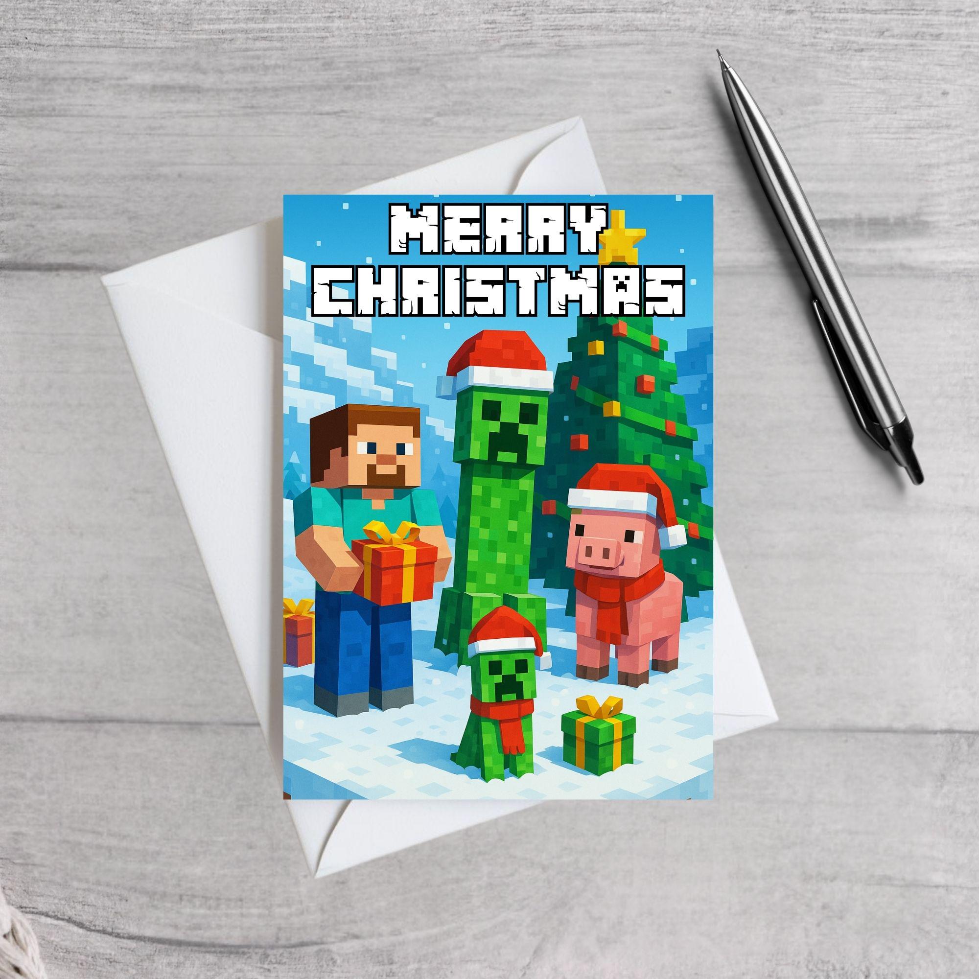 Minecraft Inspired Christmas Card | Creeper Xmas Card | Personalised Gamer Xmas Card Son, Grandson, Nephew or Any Name | Pixel Block Card
