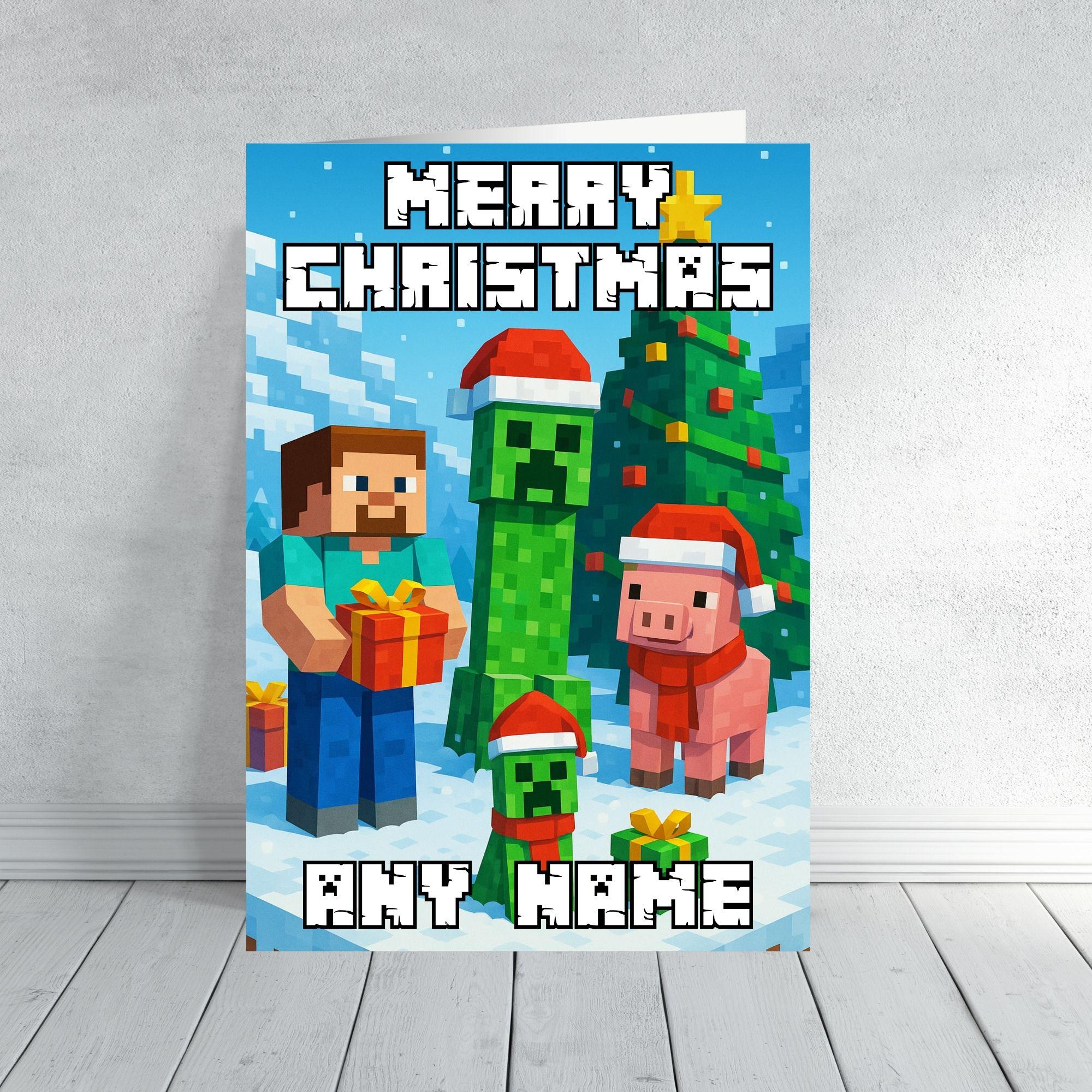 Minecraft Inspired Christmas Card | Creeper Xmas Card | Personalised Gamer Xmas Card Son, Grandson, Nephew or Any Name | Pixel Block Card