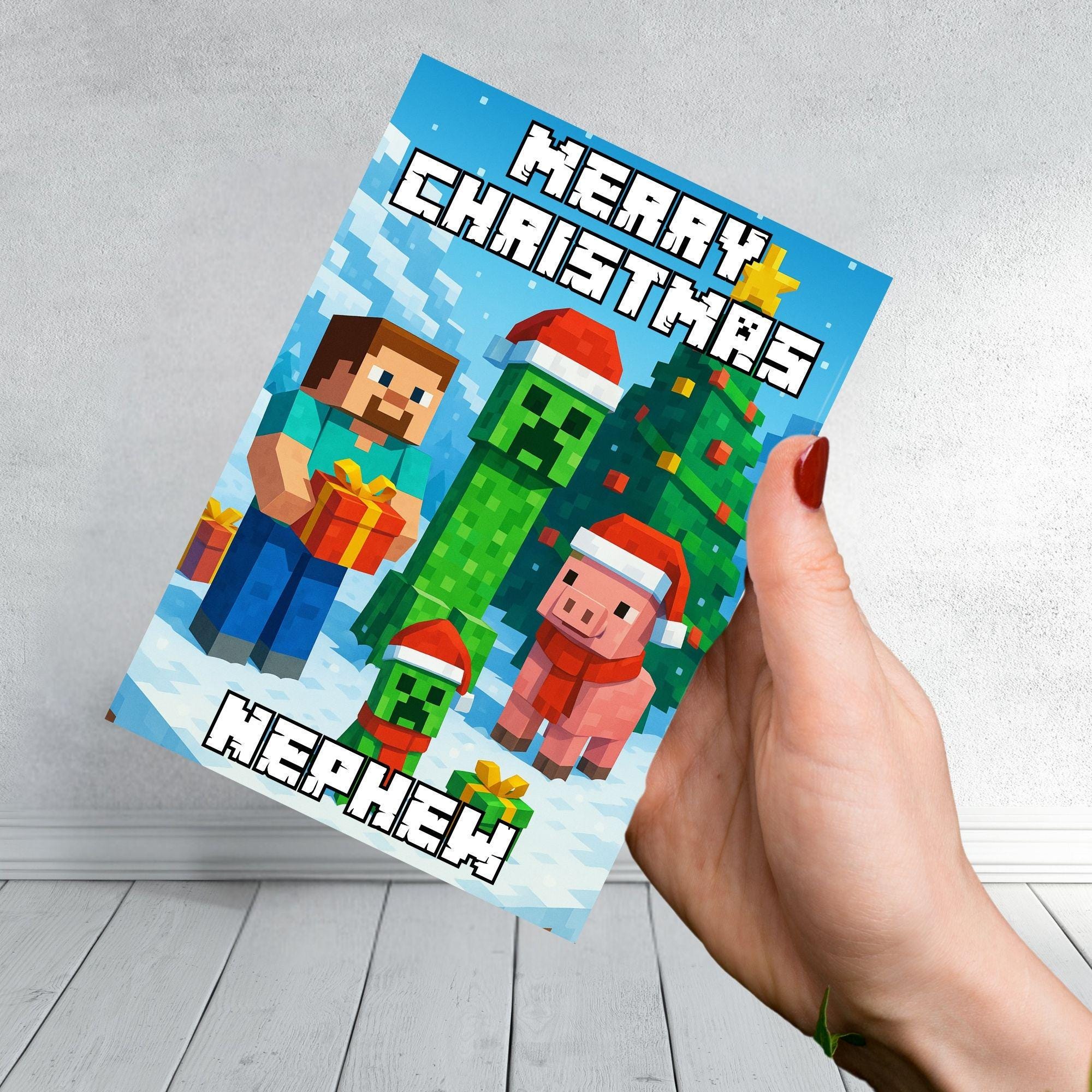 Minecraft Inspired Christmas Card | Creeper Xmas Card | Personalised Gamer Xmas Card Son, Grandson, Nephew or Any Name | Pixel Block Card