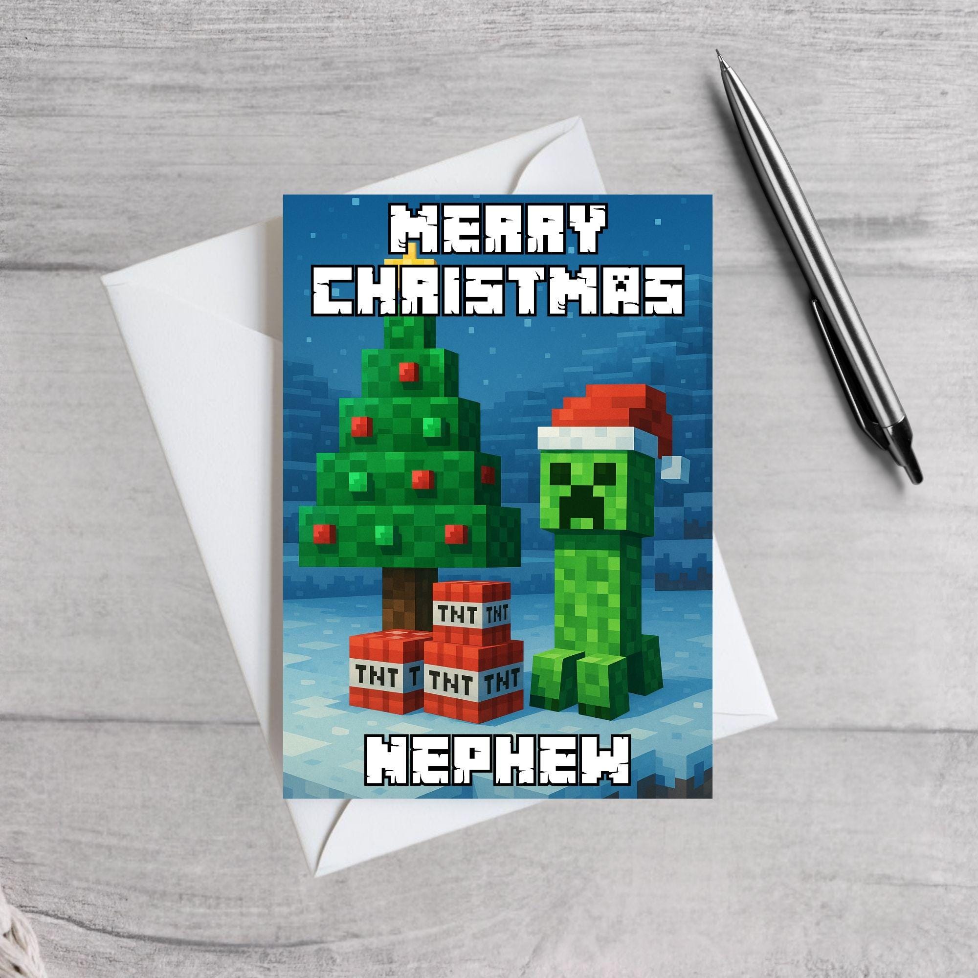 Minecraft Inspired Christmas Card | Personalised Creeper Xmas Card with TNT Tree | Funny Gamer Christmas Card for Kids, Boys or Grandsons
