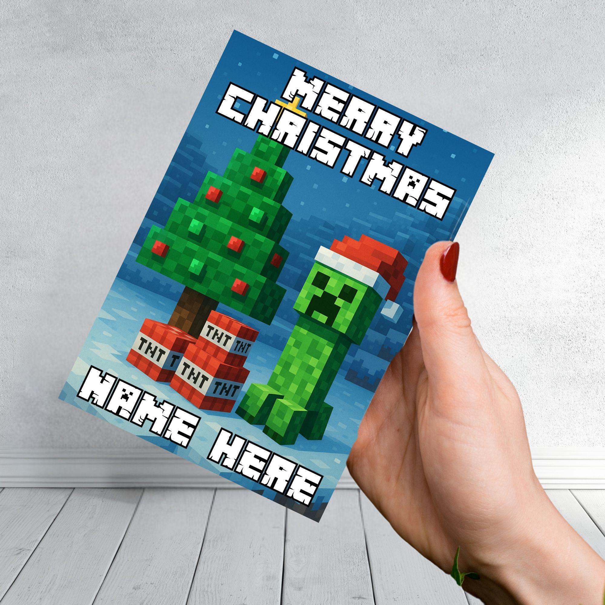 Minecraft Inspired Christmas Card | Personalised Creeper Xmas Card with TNT Tree | Funny Gamer Christmas Card for Kids, Boys or Grandsons