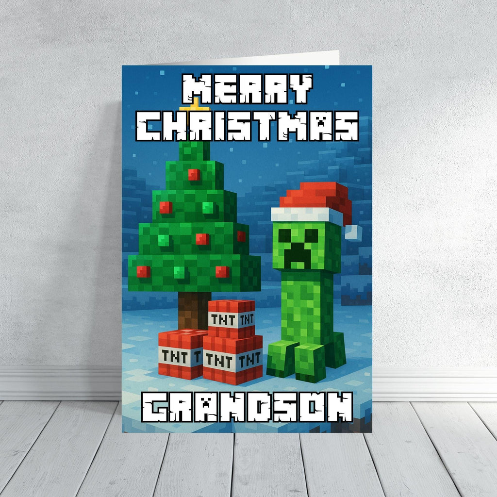 Minecraft Inspired Christmas Card | Personalised Creeper Xmas Card with TNT Tree | Funny Gamer Christmas Card for Kids, Boys or Grandsons
