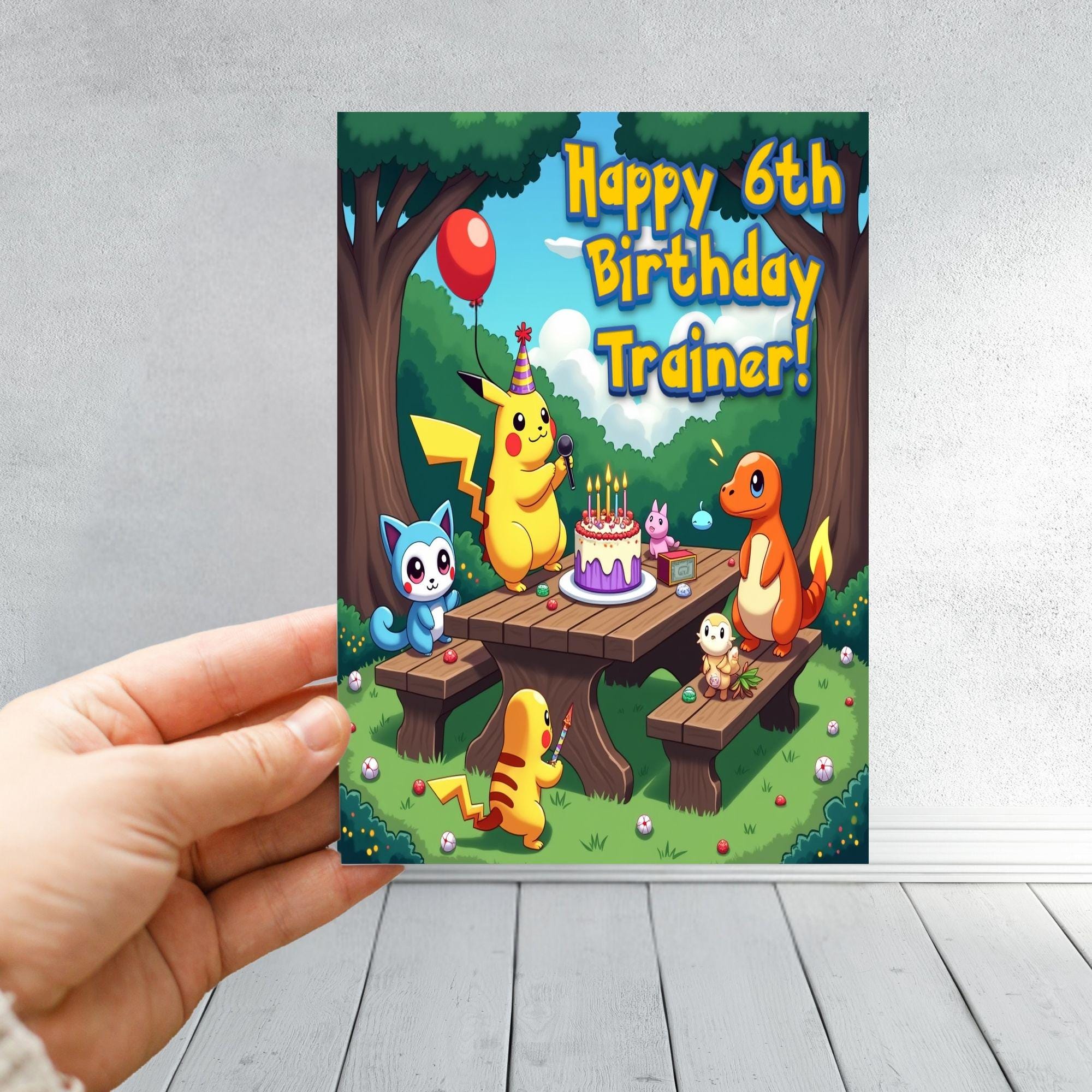 Pokemon birthday card with Pikachu, Charmander, and friends | Kids gamer party scene | 6-9
