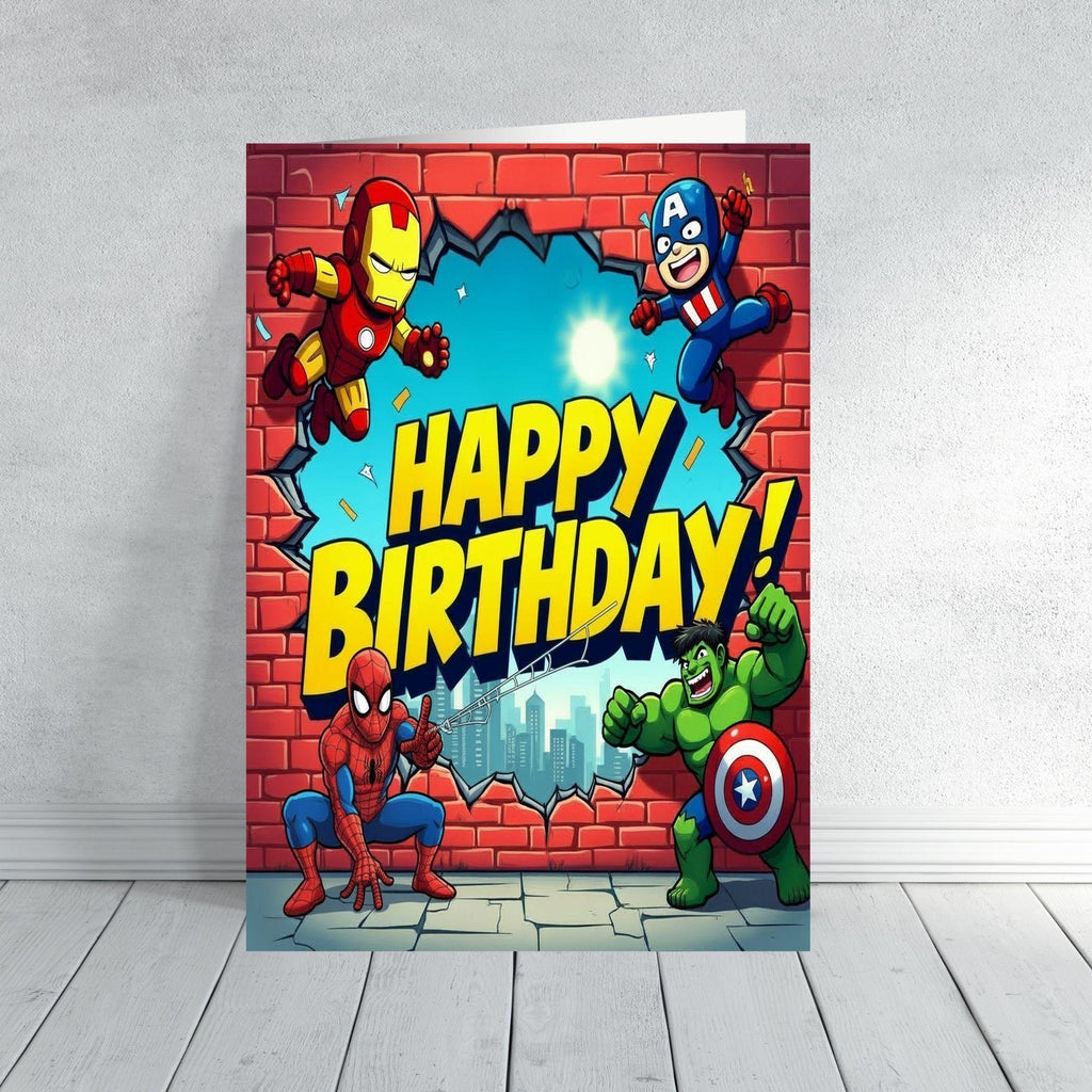 Superhero Birthday Card – Avengers Style Comic Design – Spiderman, Iron Man, Hulk & Captain America Kids Birthday Card