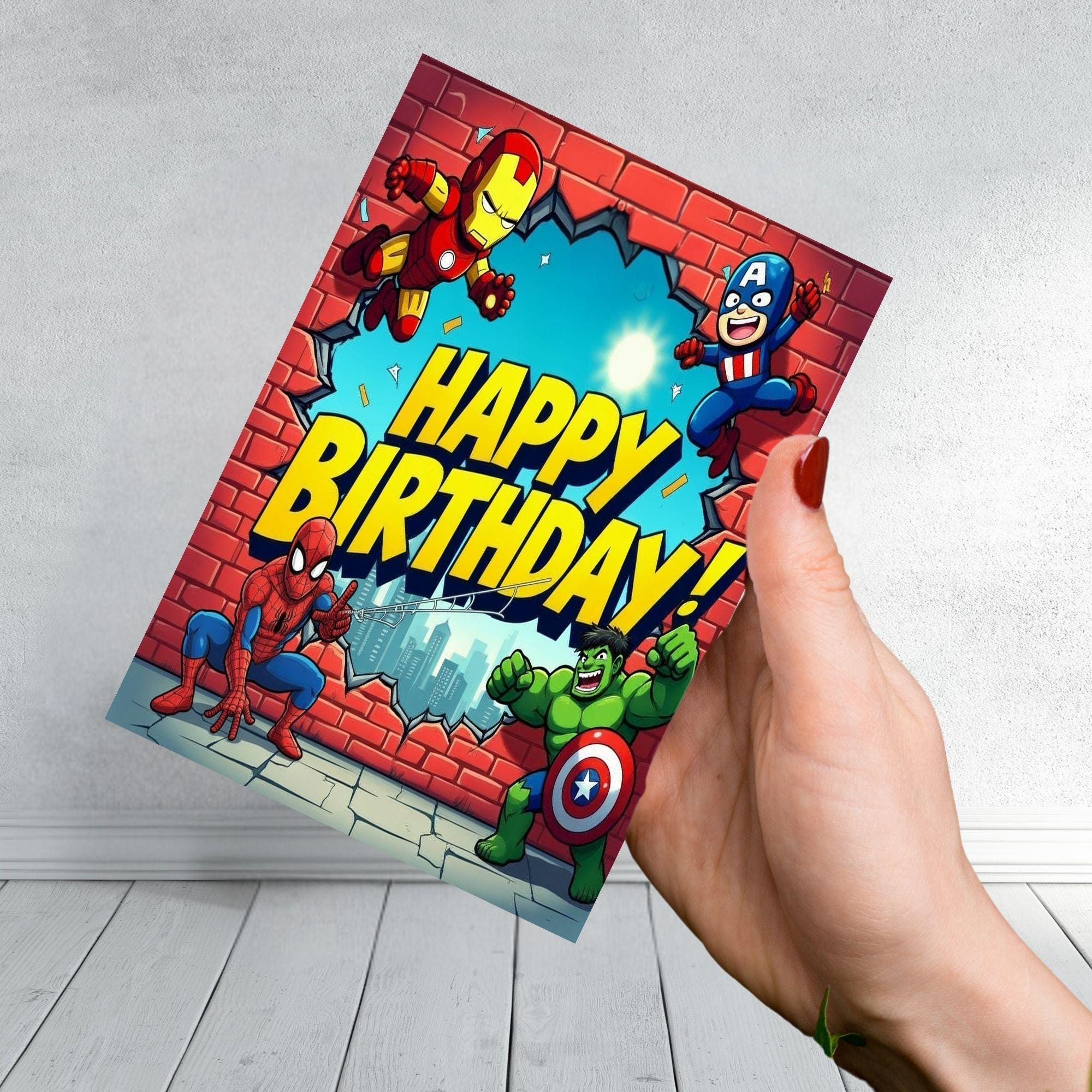 Superhero Birthday Card – Avengers Style Comic Design – Spiderman, Iron Man, Hulk & Captain America Kids Birthday Card