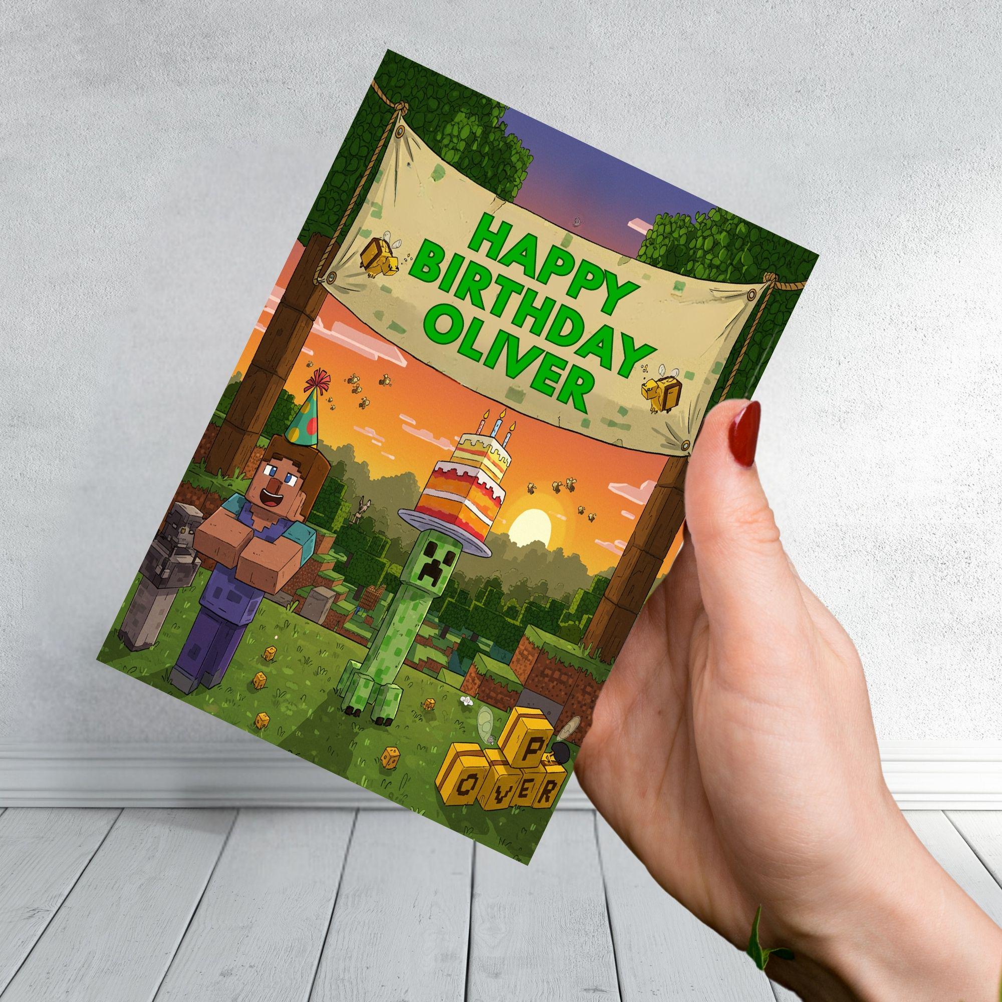 Minecraft Inspired Birthday Card | Personalised Gamer Card | Creeper & Builder Style Design | Custom Name Kids Gaming Card
