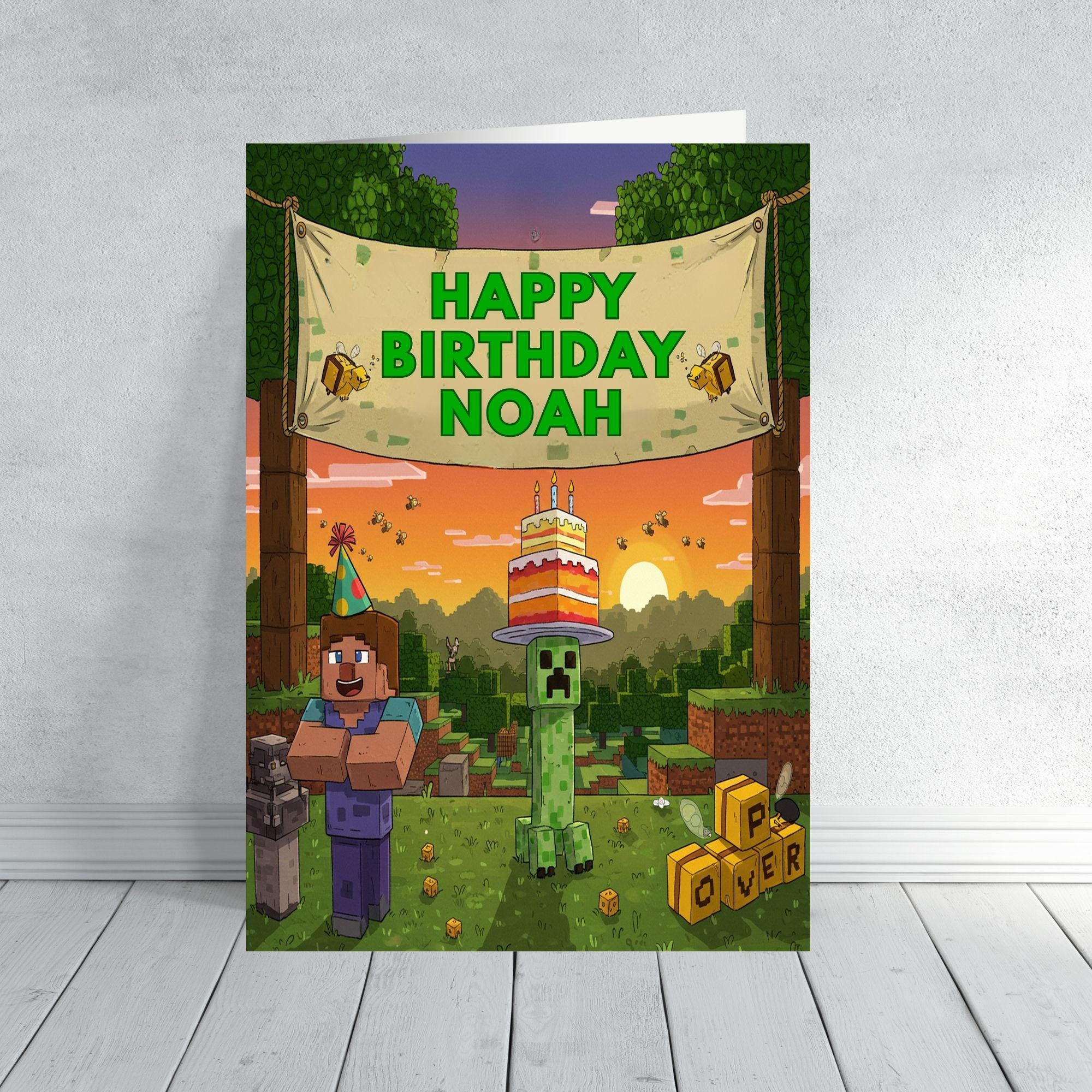 Minecraft Inspired Birthday Card | Personalised Gamer Card | Creeper & Builder Style Design | Custom Name Kids Gaming Card