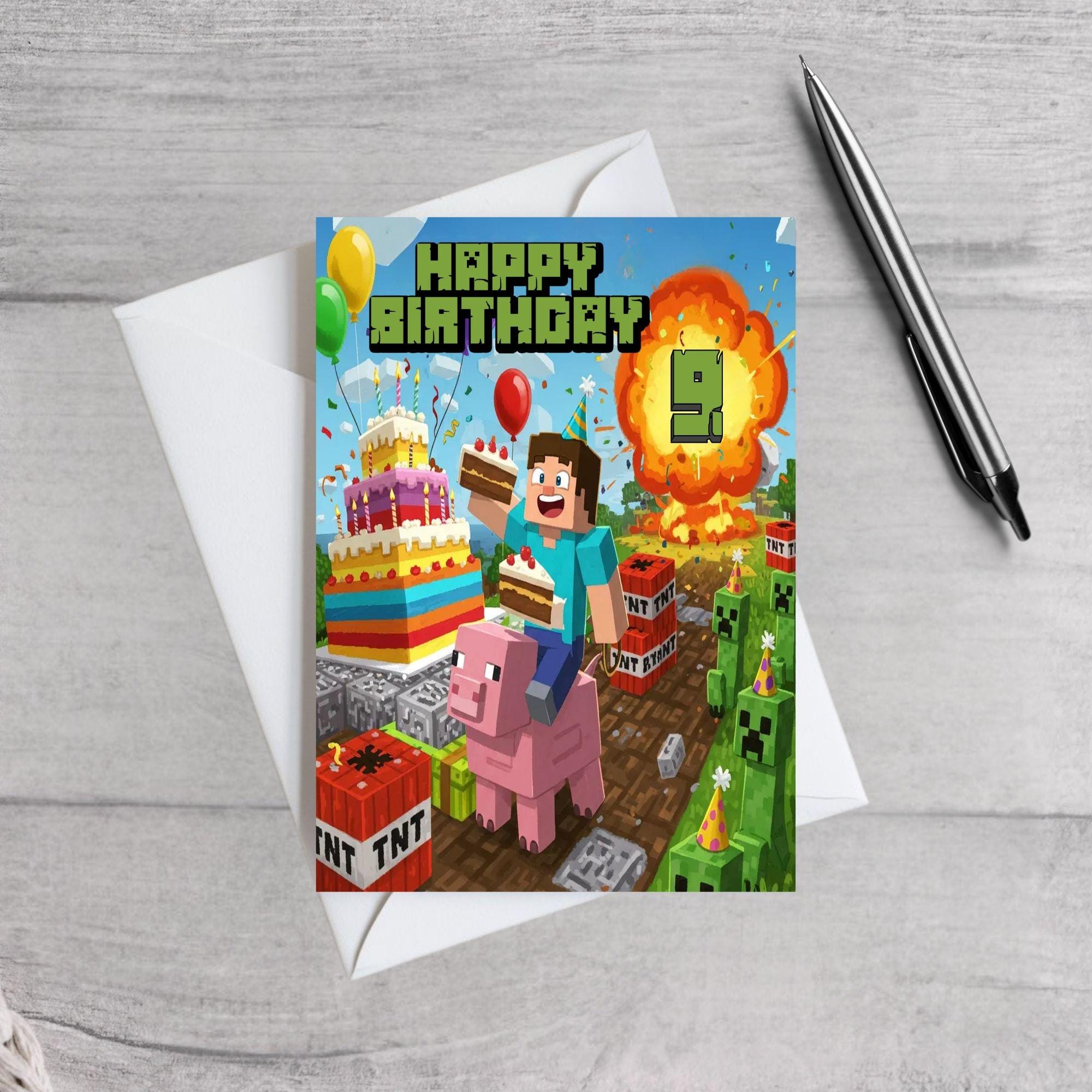 Minecraft Inspired Birthday Card | Level Up Gamer Card | Creeper & Builder Scene | Kids Gaming Card for Boys or Girls | Age 7 8 9 10
