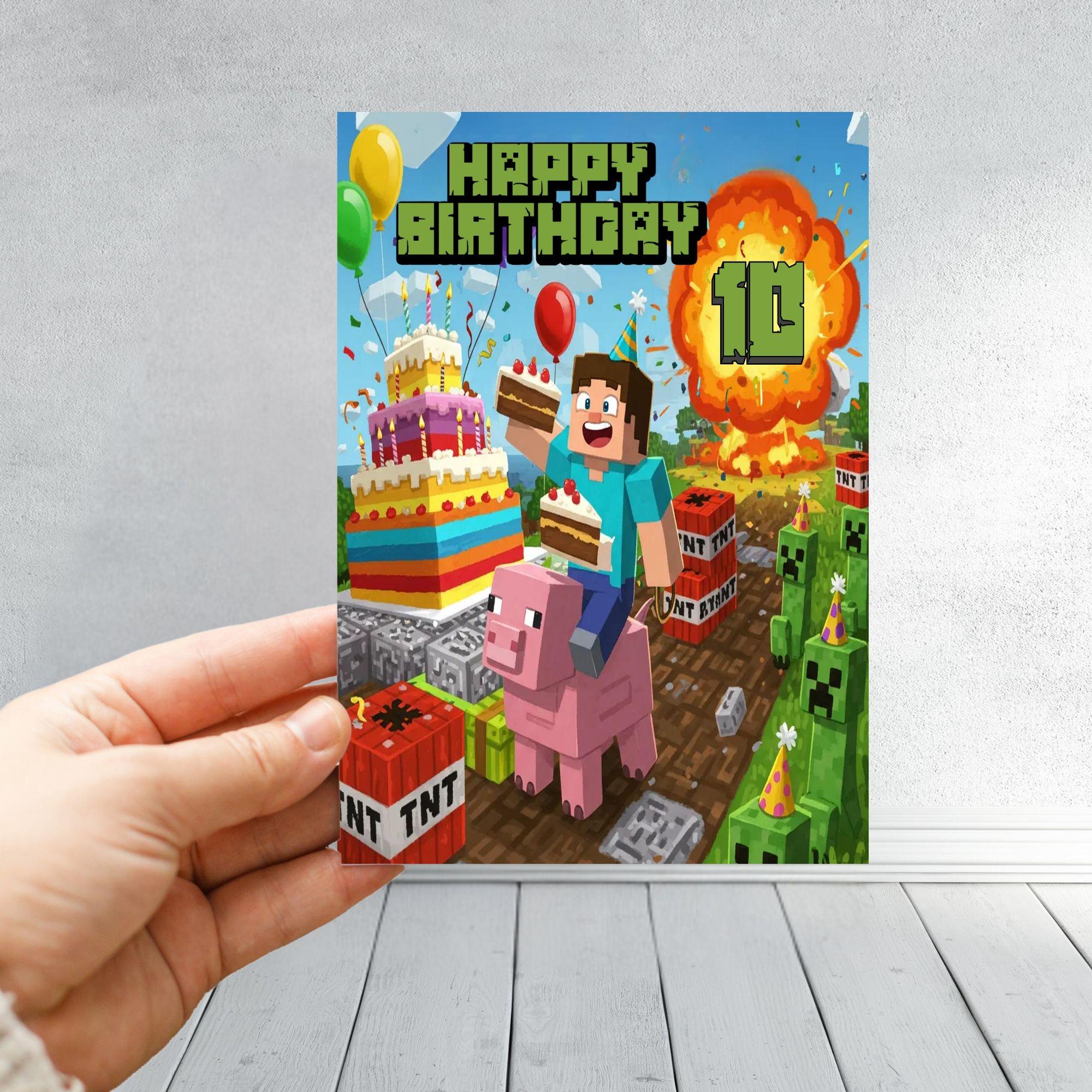 Minecraft Inspired Birthday Card | Level Up Gamer Card | Creeper & Builder Scene | Kids Gaming Card for Boys or Girls | Age 7 8 9 10