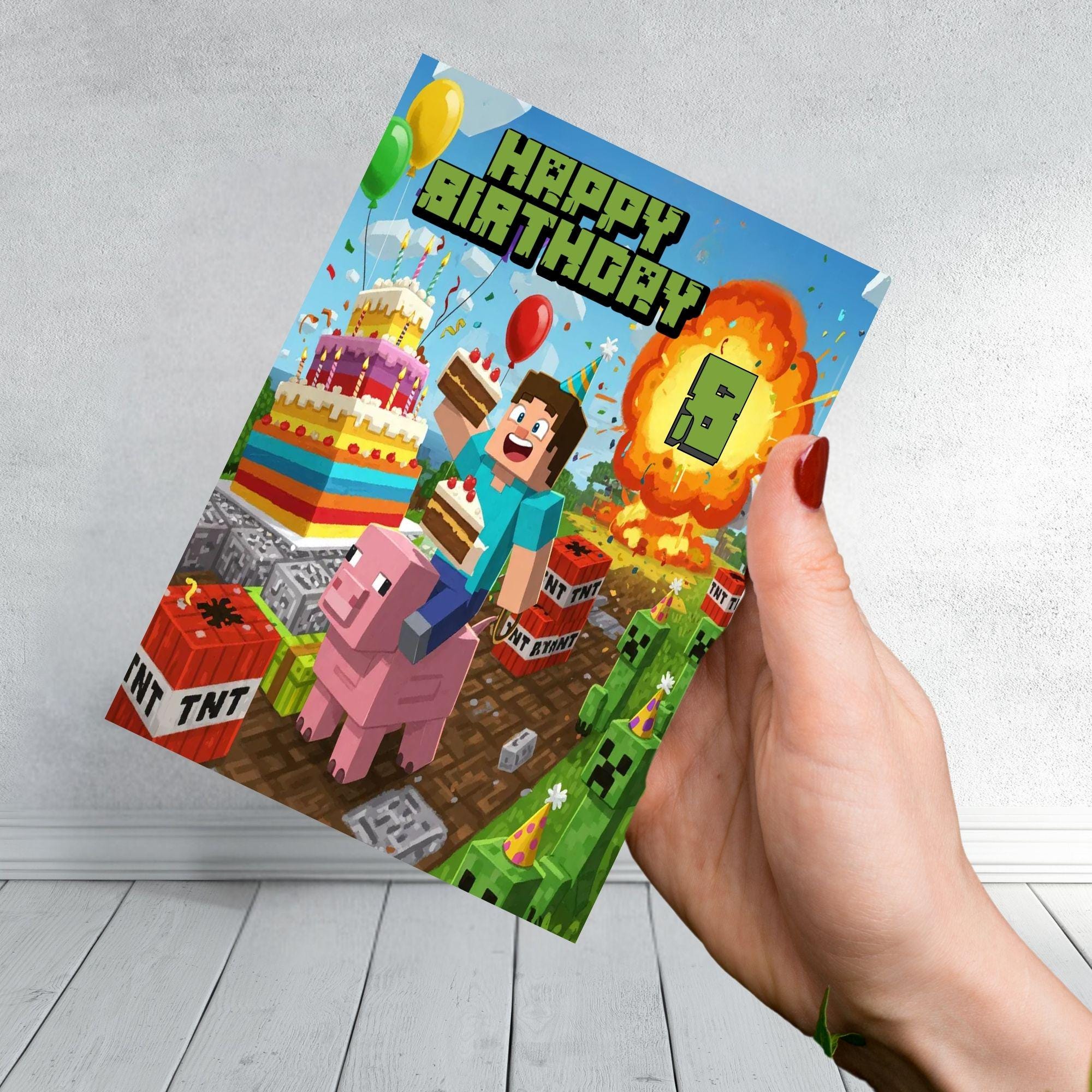 Minecraft Inspired Birthday Card | Level Up Gamer Card | Creeper & Builder Scene | Kids Gaming Card for Boys or Girls | Age 7 8 9 10