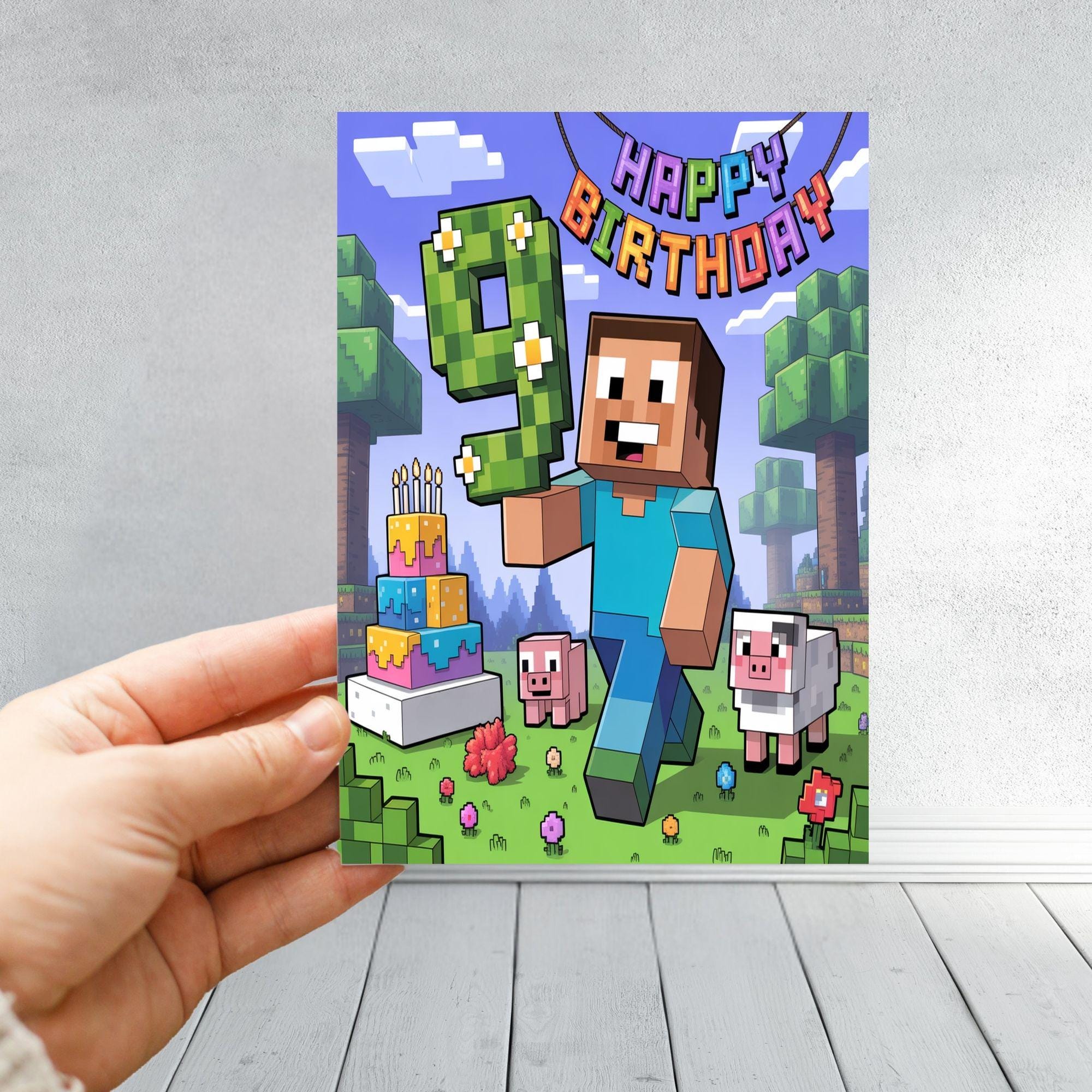Minecraft Inspired Birthday Card | Pixel Block Gamer Card | Kids Gaming Card for Boys or Girls | Ages 6 7 8 9 10 | Pixel Style