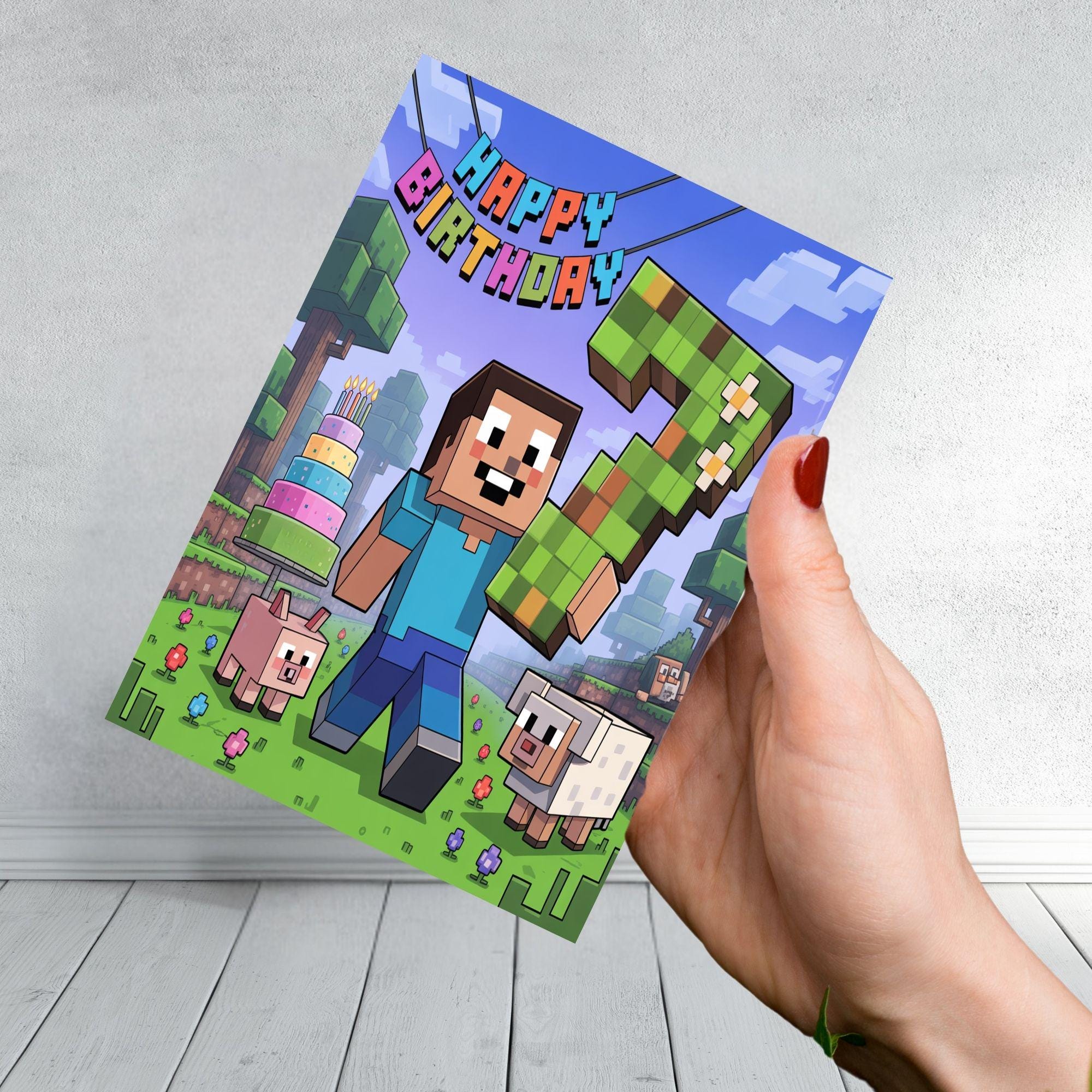 Minecraft Inspired Birthday Card | Pixel Block Gamer Card | Kids Gaming Card for Boys or Girls | Ages 6 7 8 9 10 | Pixel Style