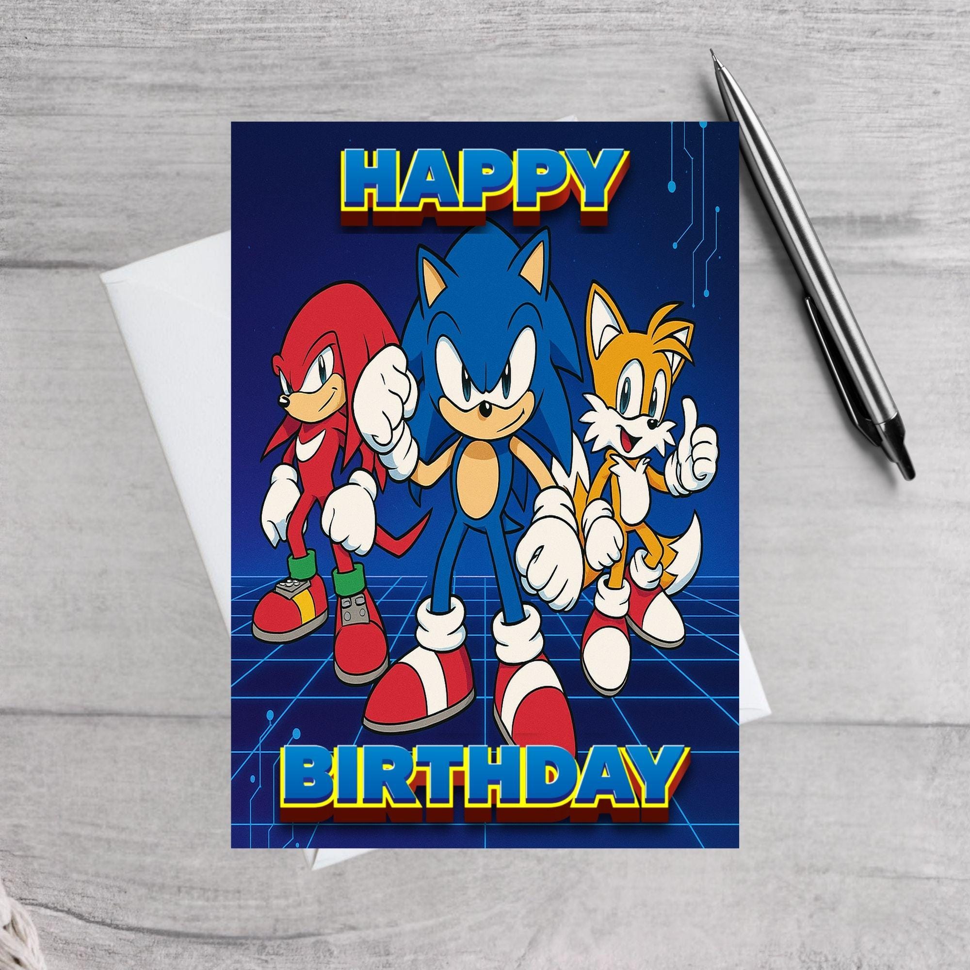 Sonic the Hedgehog Inspired Birthday Card | Retro Gamer Card | Blue Grid Design | Cool Kids Gaming Birthday Card | Video Game Style