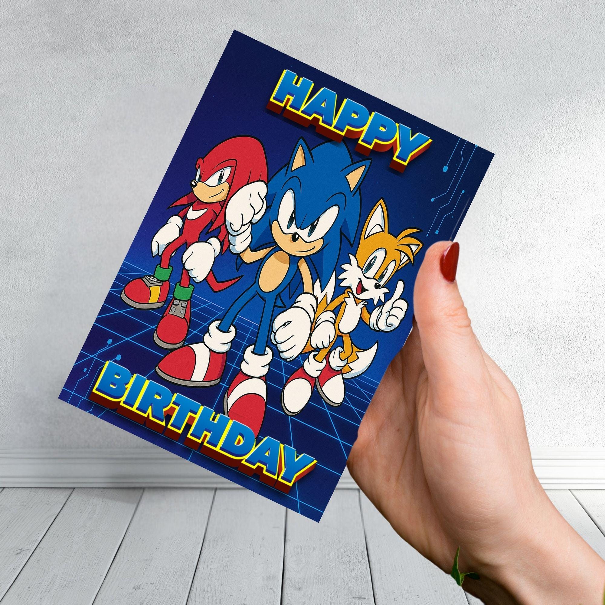 Sonic the Hedgehog Inspired Birthday Card | Retro Gamer Card | Blue Grid Design | Cool Kids Gaming Birthday Card | Video Game Style