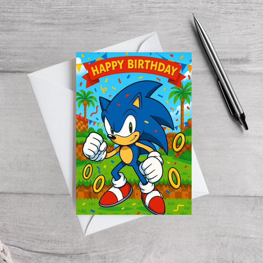 Sonic the Hedgehog Inspired Birthday Card | Gamer Kids Birthday Card | Blue Hedgehog Retro Video Game Card | Boys Gaming Card