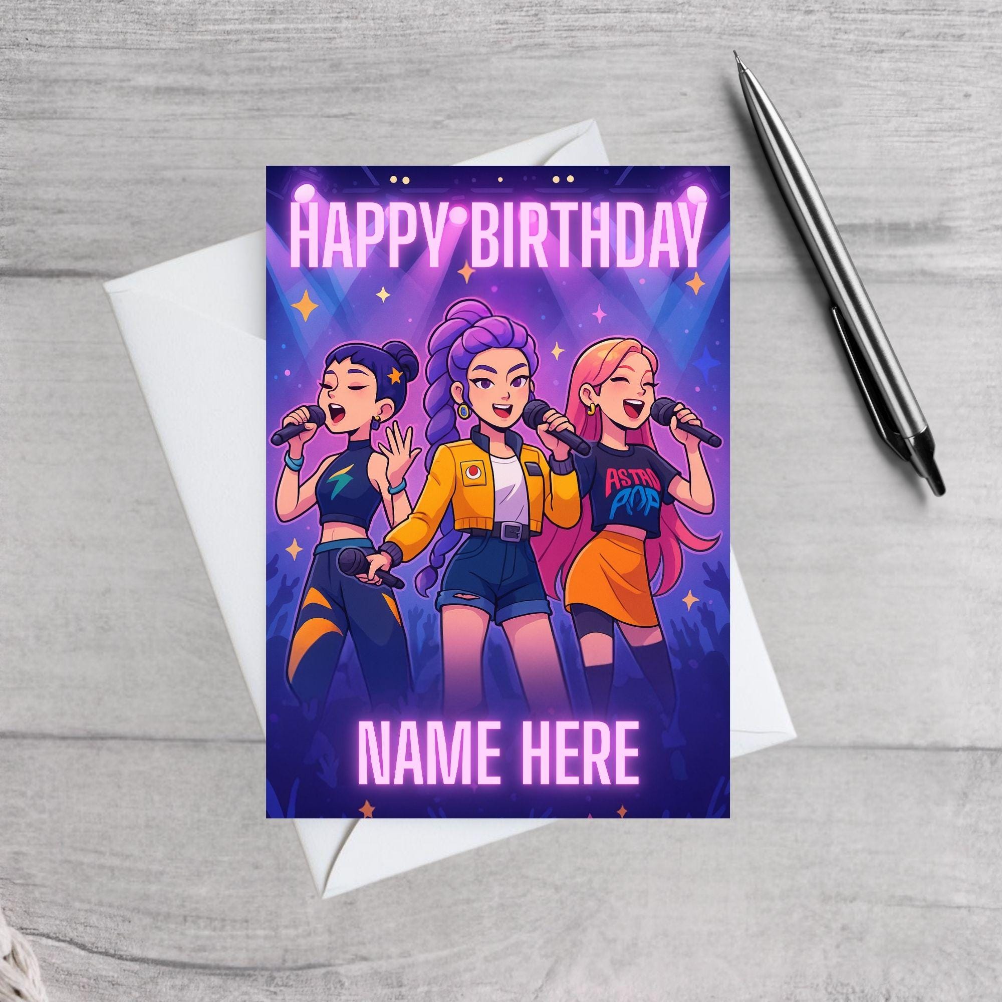K-Pop Birthday Card | Girl Group Concert Birthday Card | Personalised Name Pop Star Card | Singing Idol Birthday Card for Girls