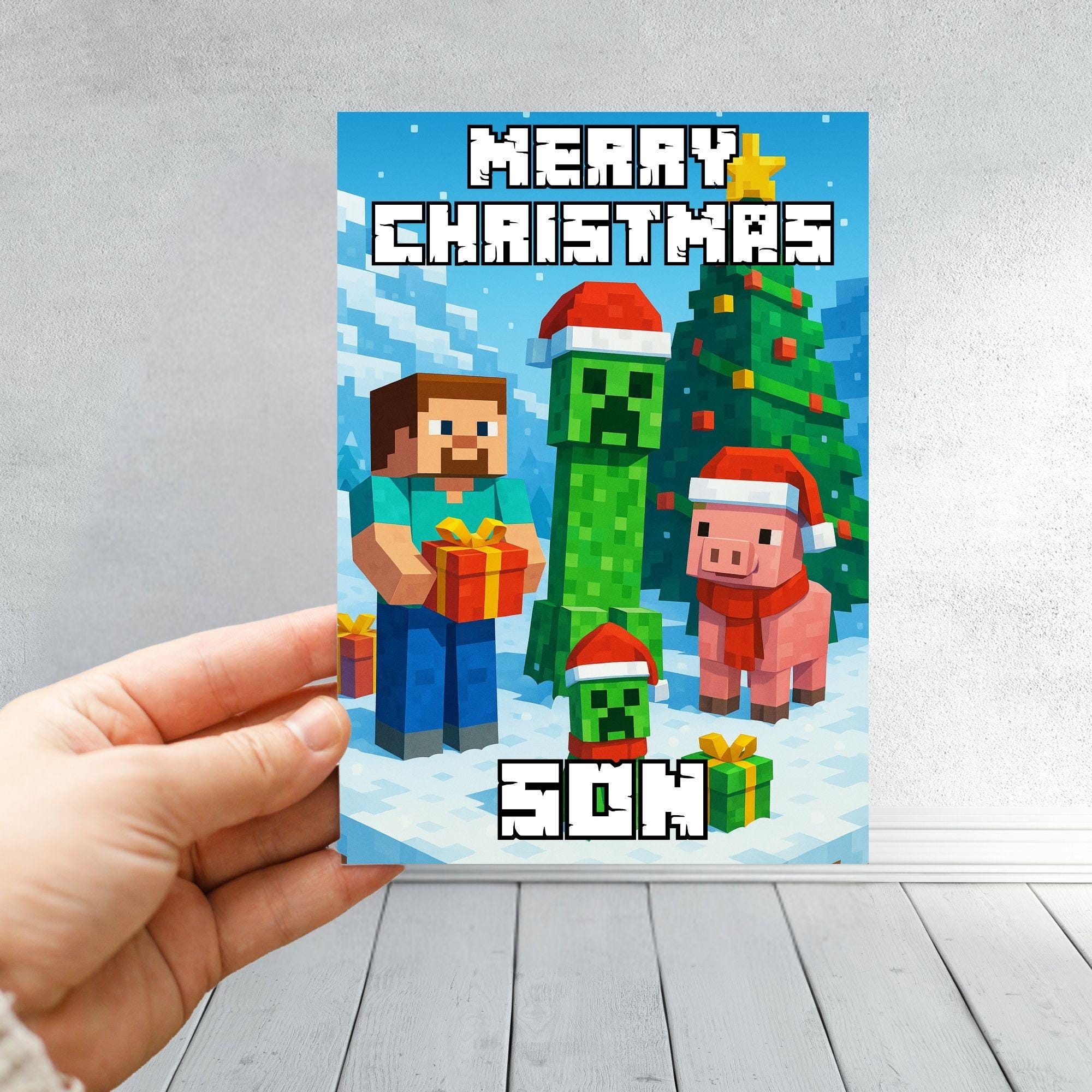 Minecraft Inspired Christmas Card | Creeper Xmas Card | Personalised Gamer Xmas Card Son, Grandson, Nephew or Any Name | Pixel Block Card