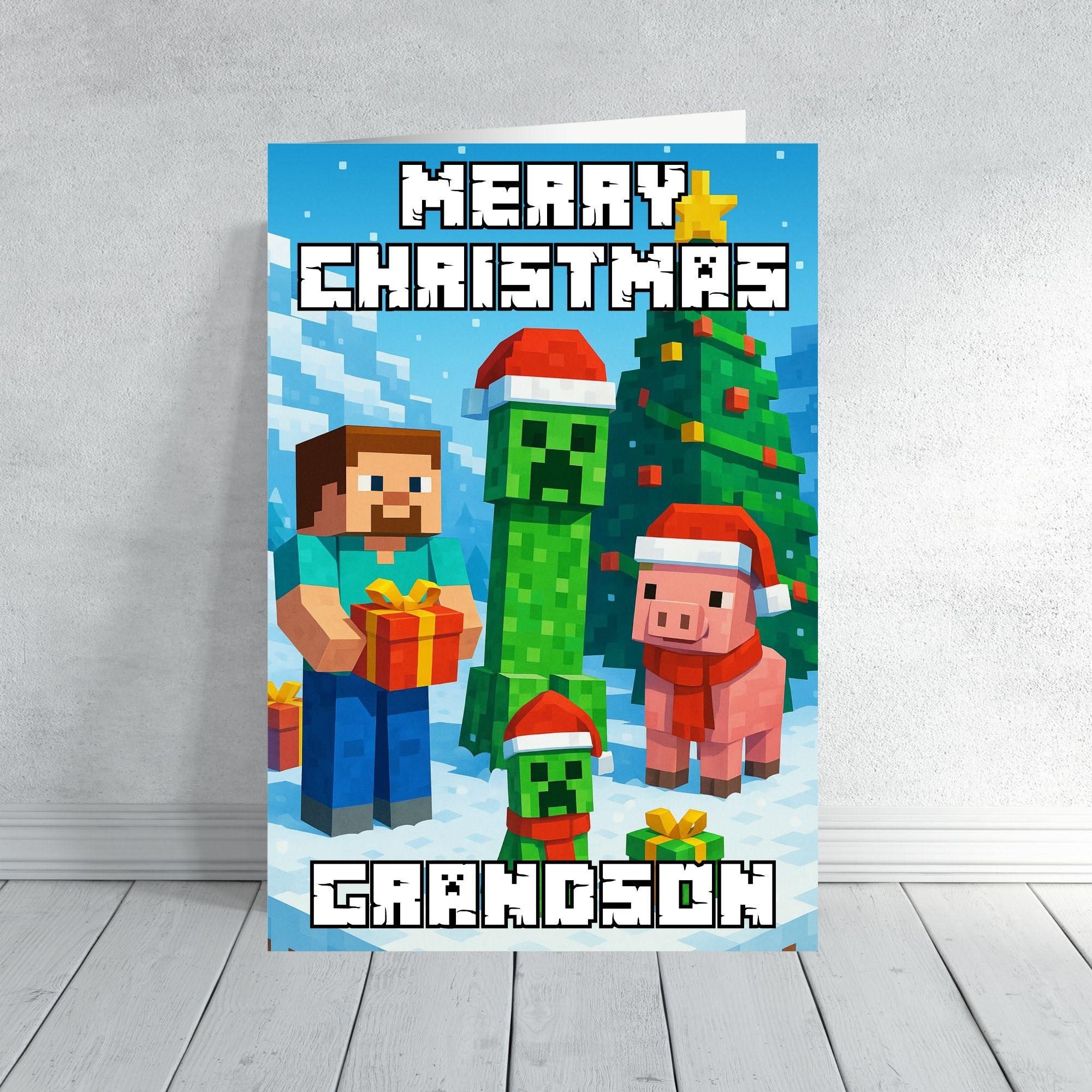 Minecraft Inspired Christmas Card | Creeper Xmas Card | Personalised Gamer Xmas Card Son, Grandson, Nephew or Any Name | Pixel Block Card