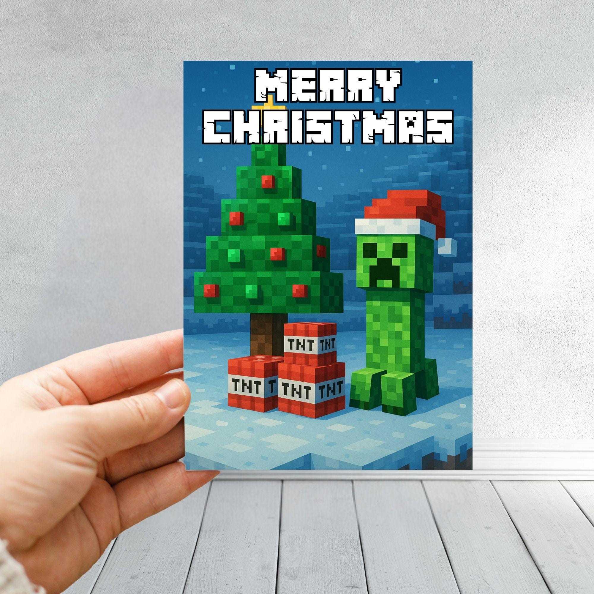 Minecraft Inspired Christmas Card | Personalised Creeper Xmas Card with TNT Tree | Funny Gamer Christmas Card for Kids, Boys or Grandsons