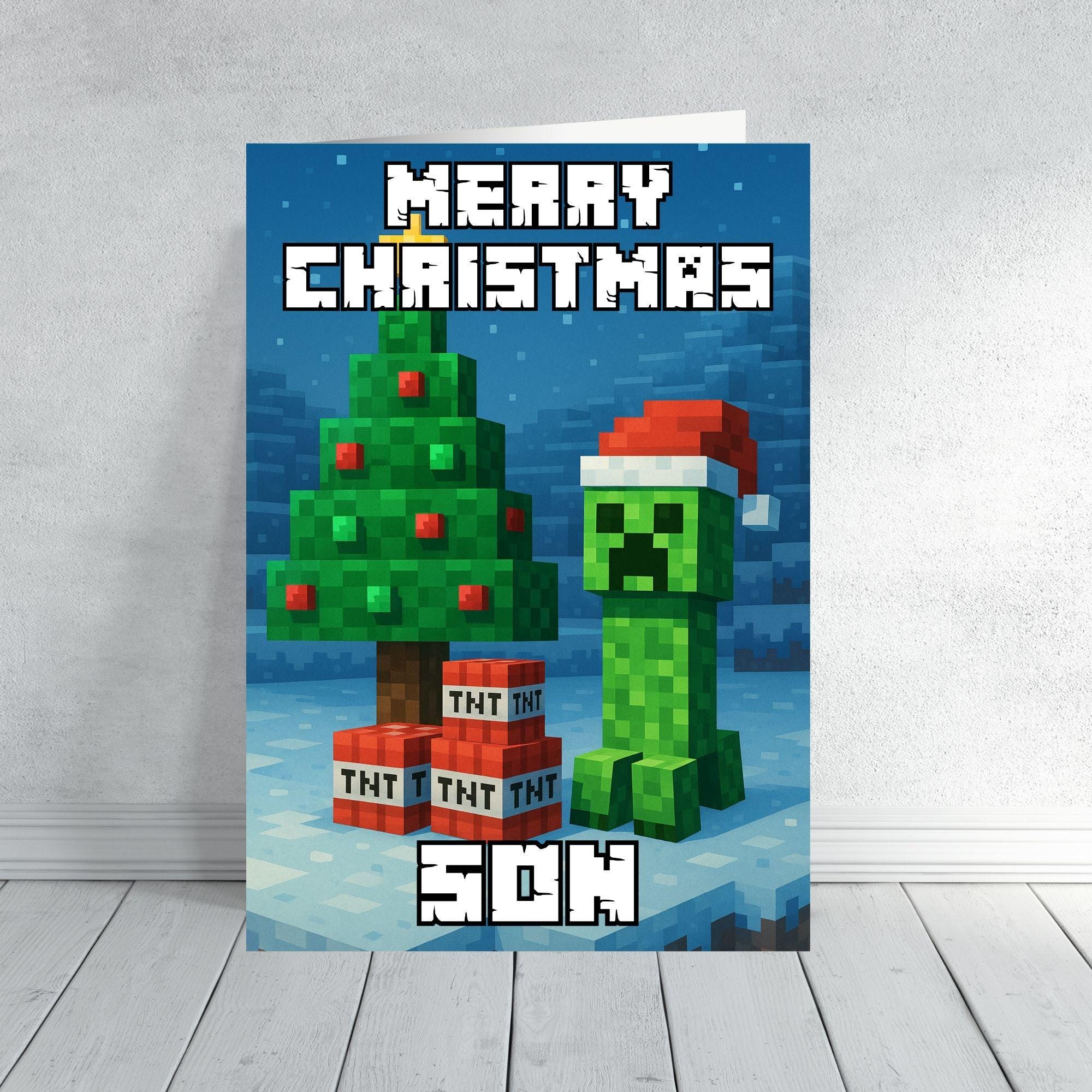 Minecraft Inspired Christmas Card | Personalised Creeper Xmas Card with TNT Tree | Funny Gamer Christmas Card for Kids, Boys or Grandsons